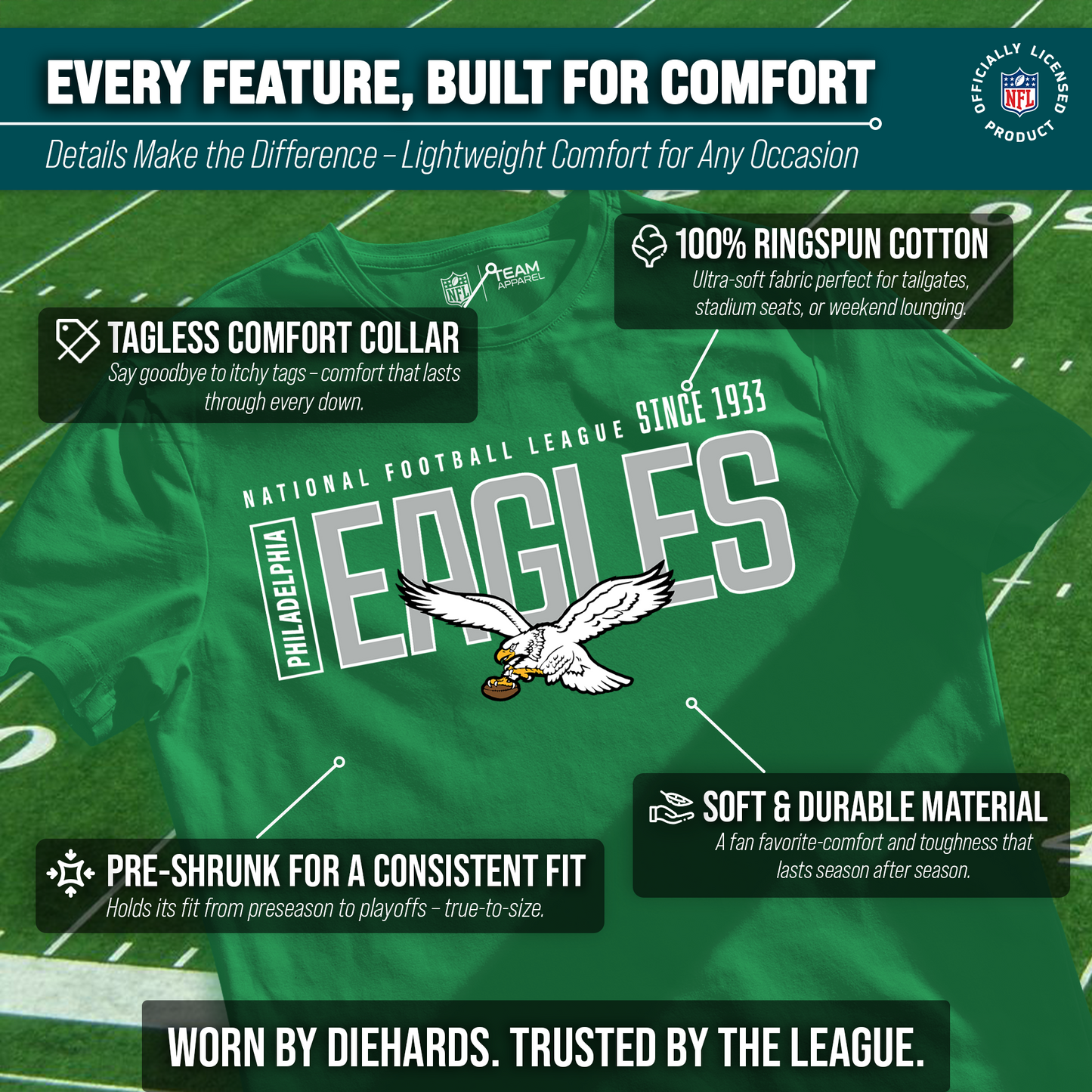 Philadelphia Eagles NFL Adult Modern Endzone Tag-Less T-Shirt - Kelly Green