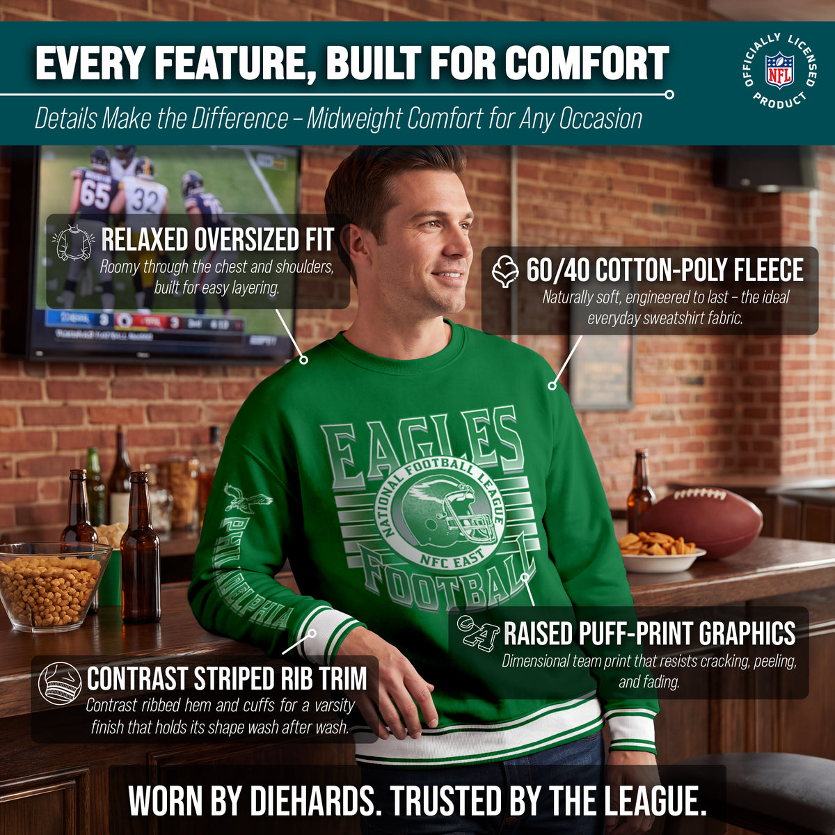 Philadelphia Eagles NFL Men's Franchise Striped Rib Oversized Crewneck - Kelly Green