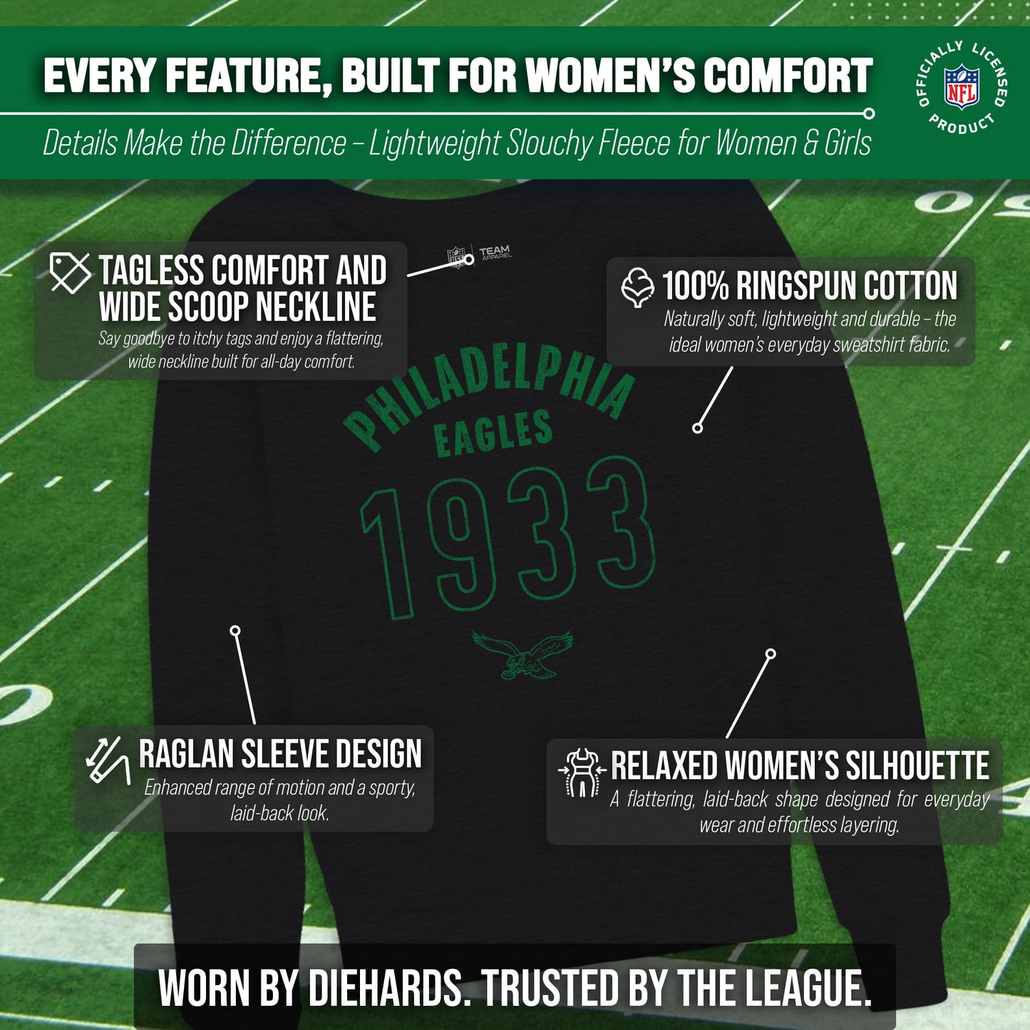 Philadelphia Eagles NFL Womens Big Date French Terry Slouchy Top - Black