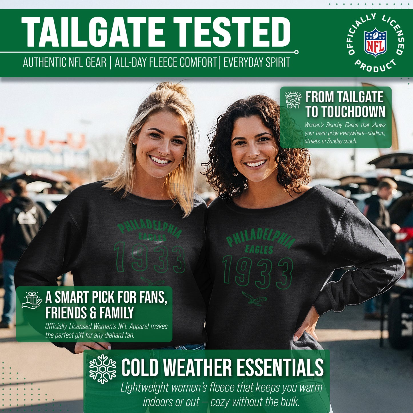 Philadelphia Eagles NFL Womens Big Date French Terry Slouchy Top - Black