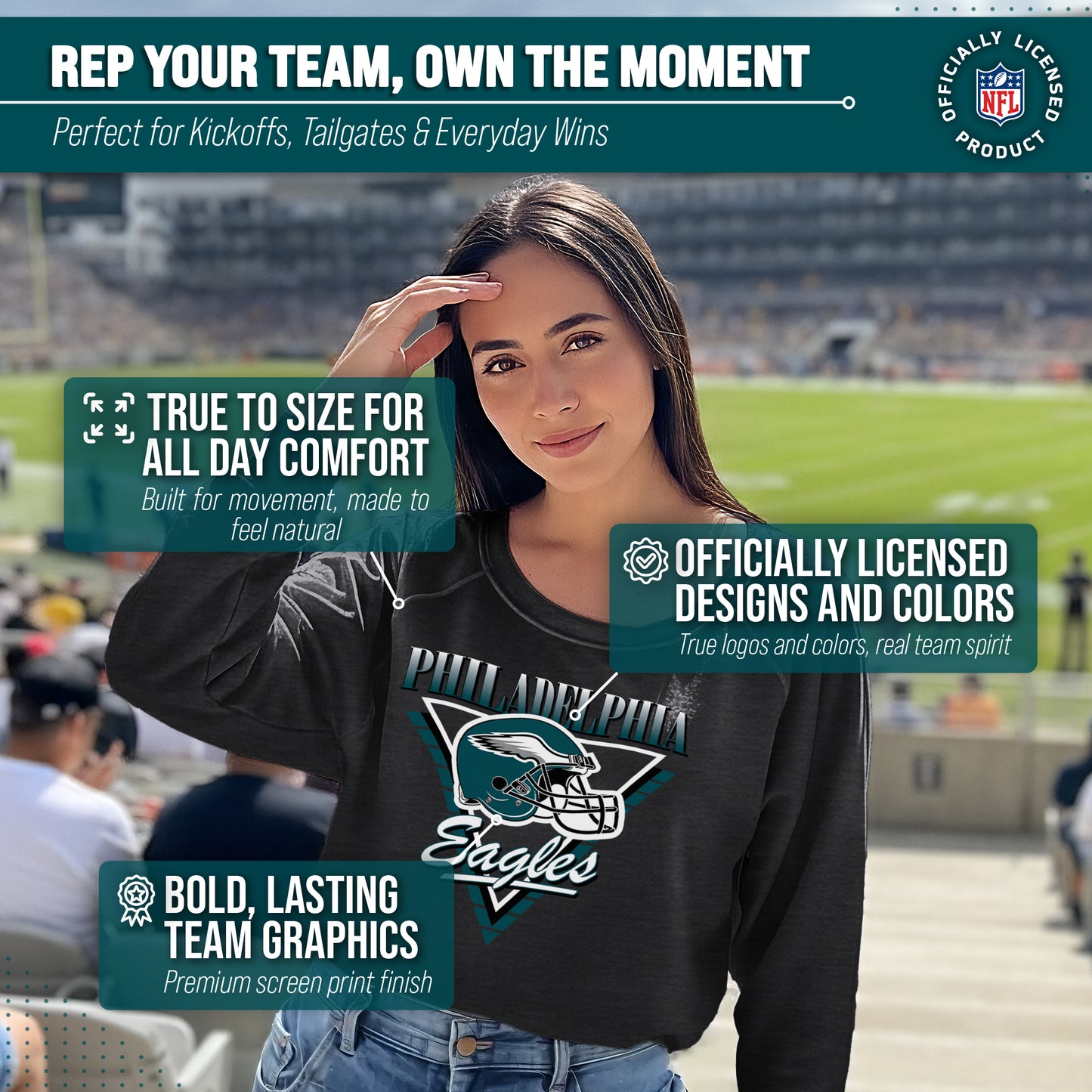 Philadelphia Eagles NFL Womens Retro Triangle French Terry Slouchy Top- Raglan Sleeves - Heather Charcoal