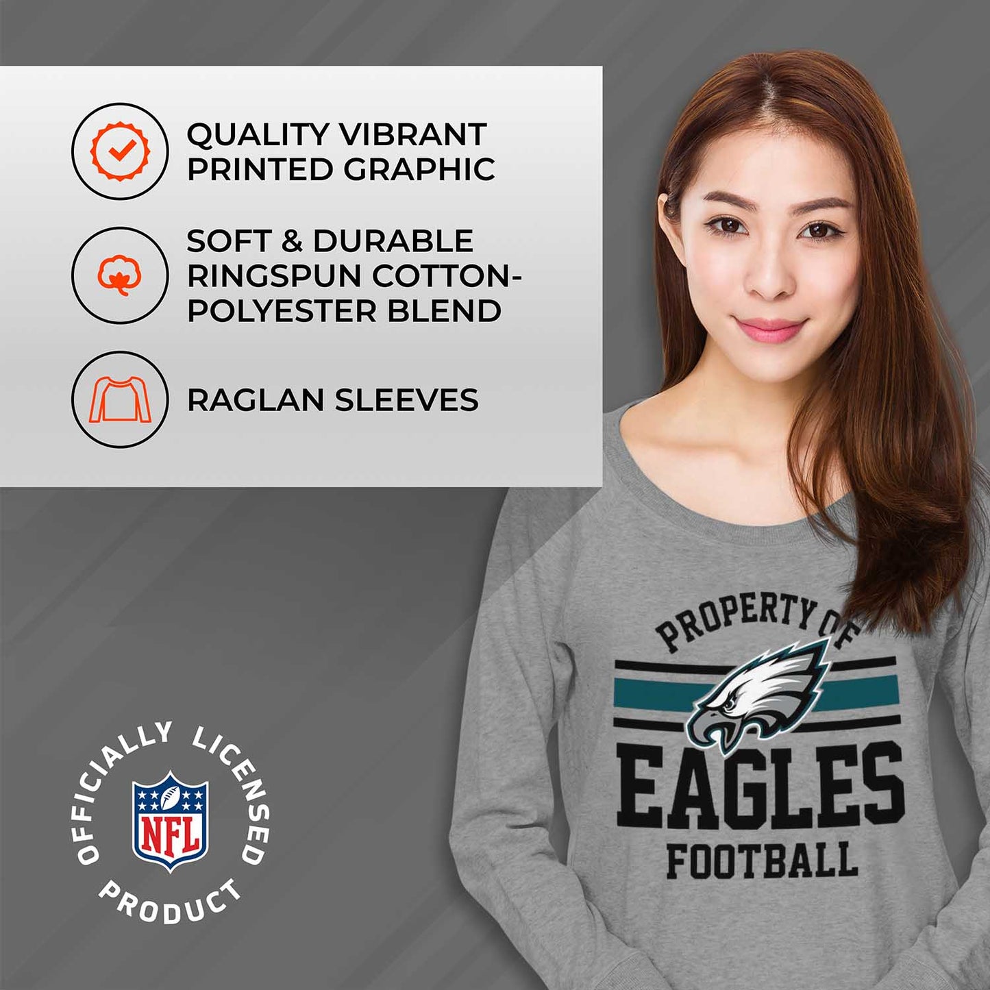 Philadelphia Eagles NFL Womens Property of Lighweight Crew Neck - Sport Gray