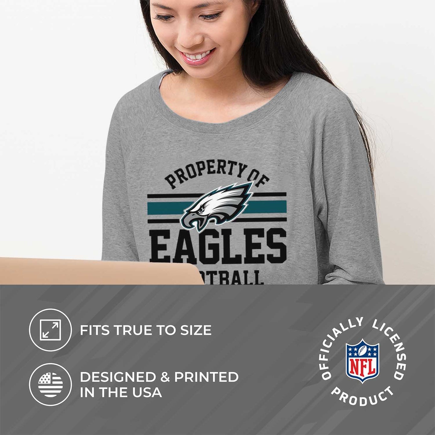 Philadelphia Eagles NFL Womens Property of Lighweight Crew Neck - Sport Gray