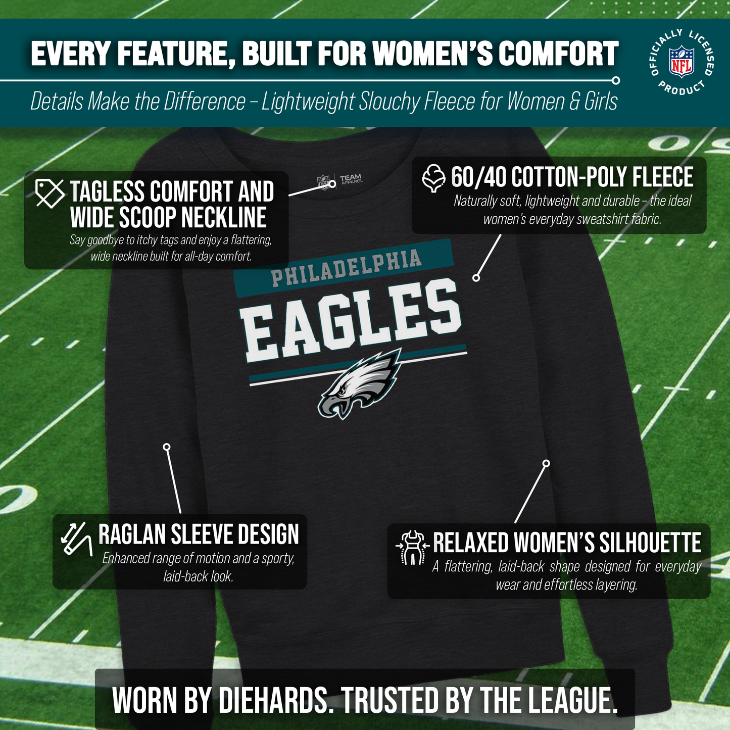 Philadelphia Eagles NFL Womens Team Block French Terry Slouchy Top - Charcoal