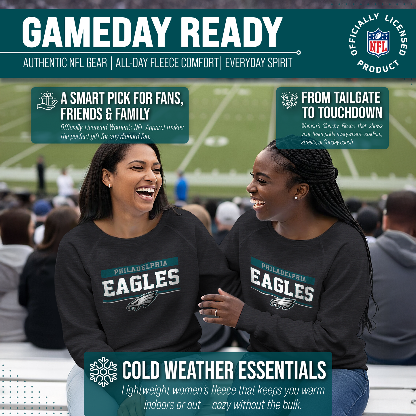 Philadelphia Eagles NFL Womens Team Block French Terry Slouchy Top - Charcoal