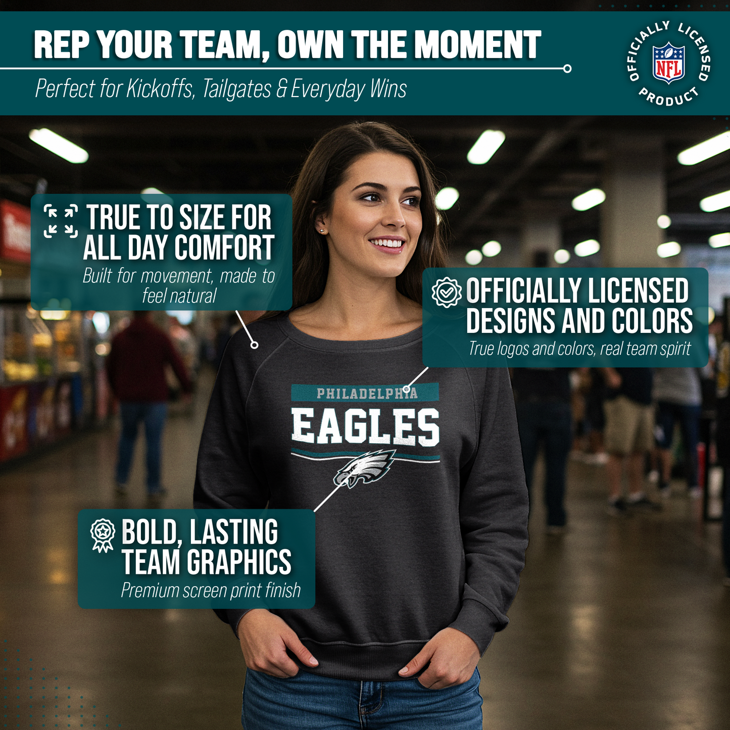 Philadelphia Eagles NFL Womens Team Block French Terry Slouchy Top - Charcoal