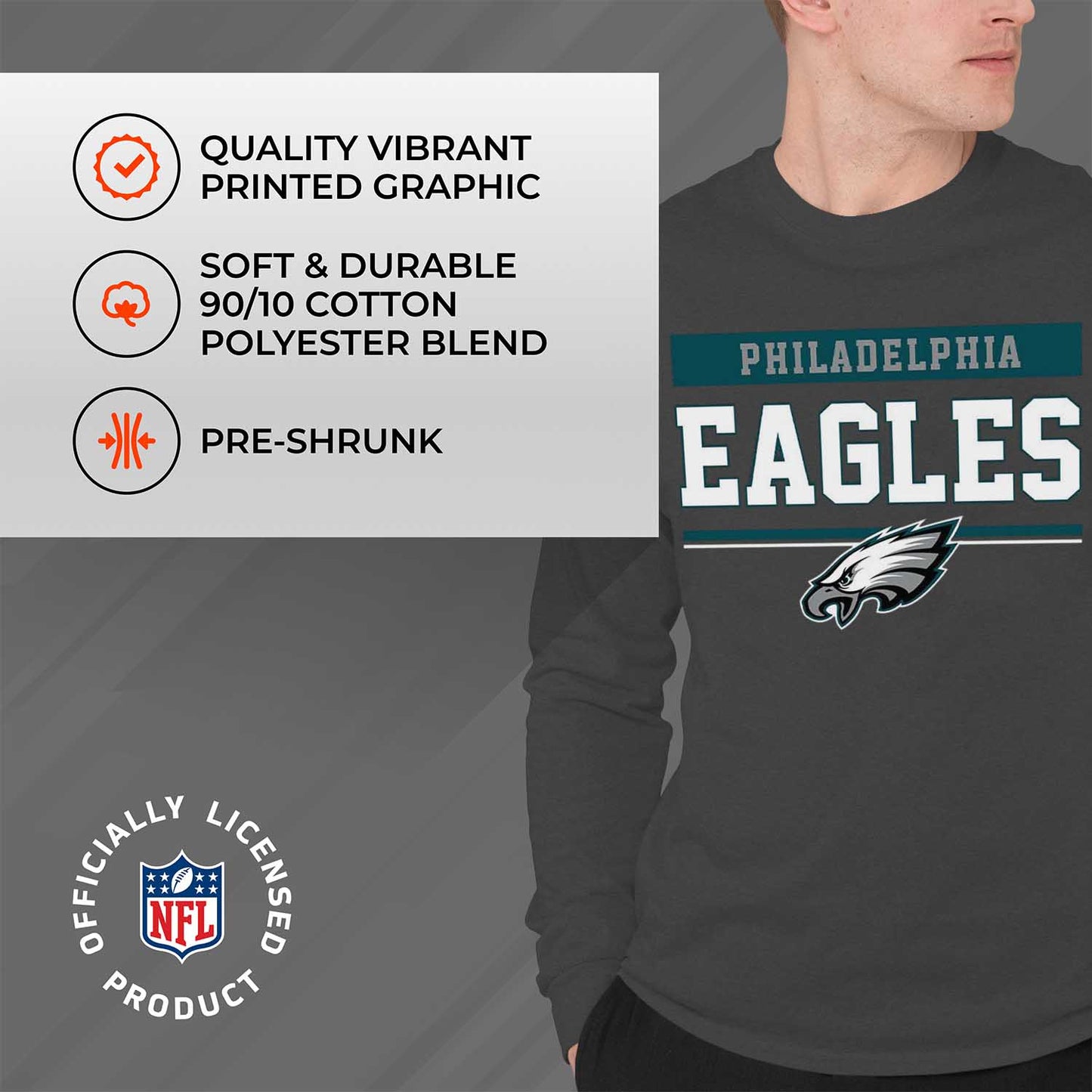 Philadelphia Eagles NFL Adult Charcoal Long Sleeve T Shirt - Charcoal