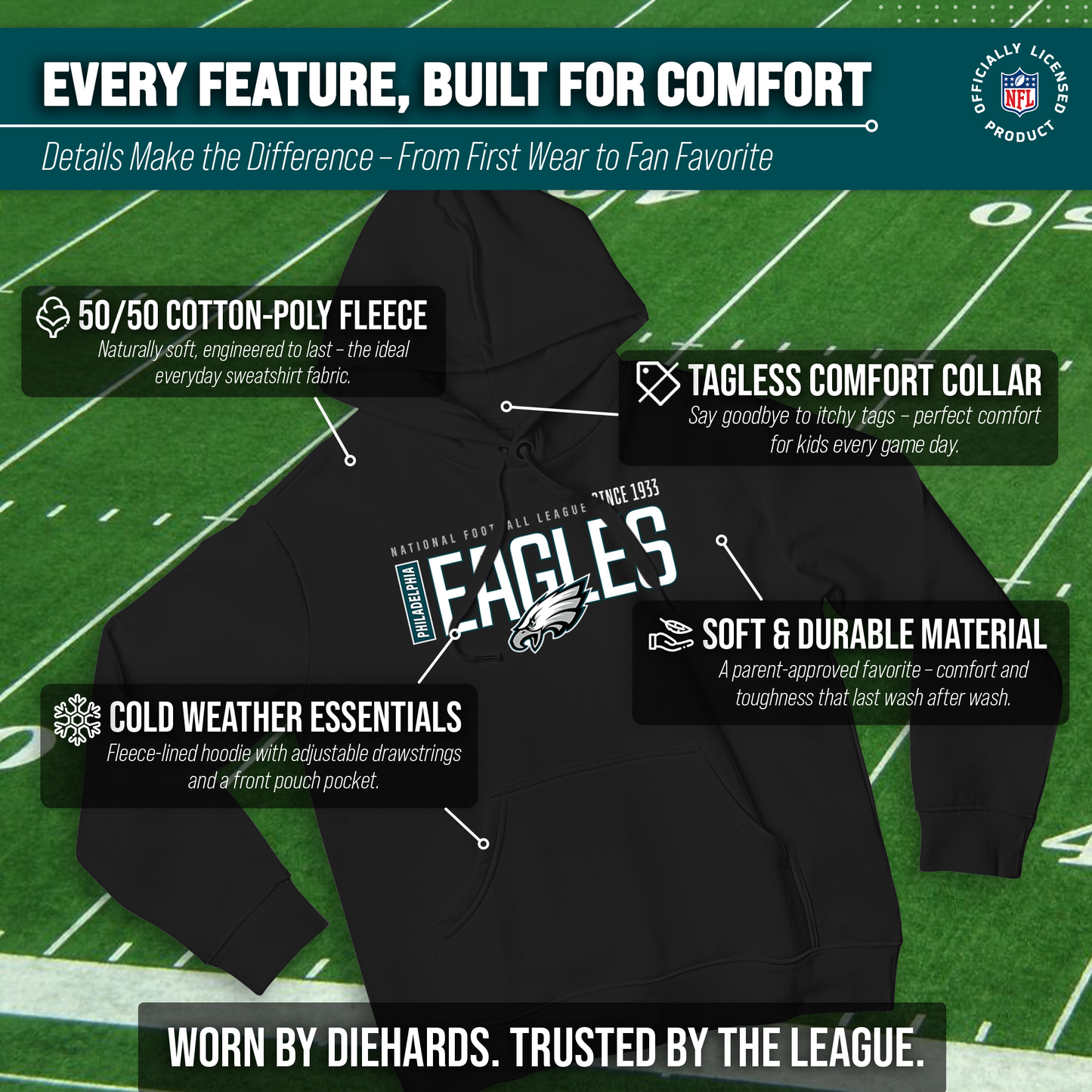 Philadelphia Eagles NFL Adult Unisex Modern Endzone Soft Fleece Hooded Sweatshirt - Black