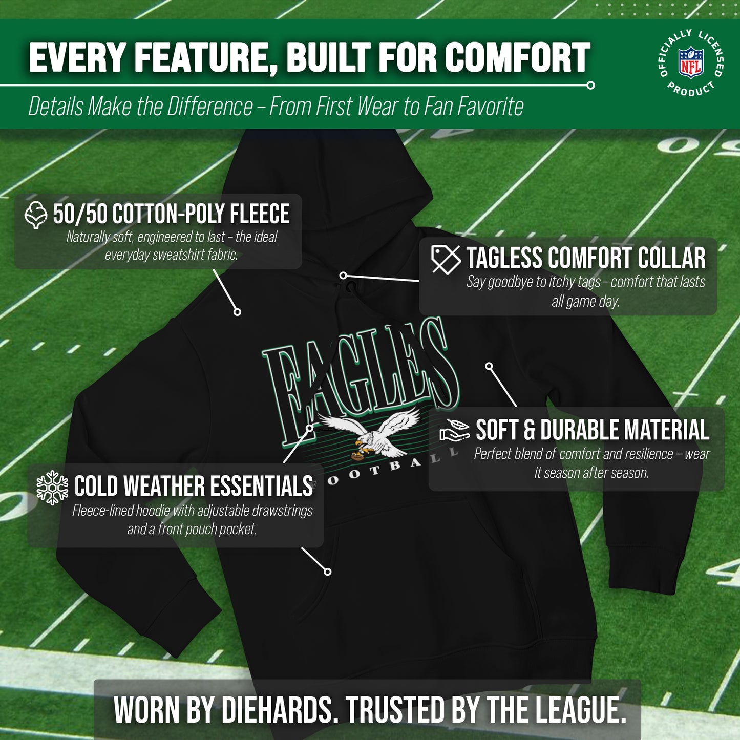 Philadelphia Eagles NFL Adult Unisex Overtime Blueprint Soft Fleece Hooded Sweatshirt - Black