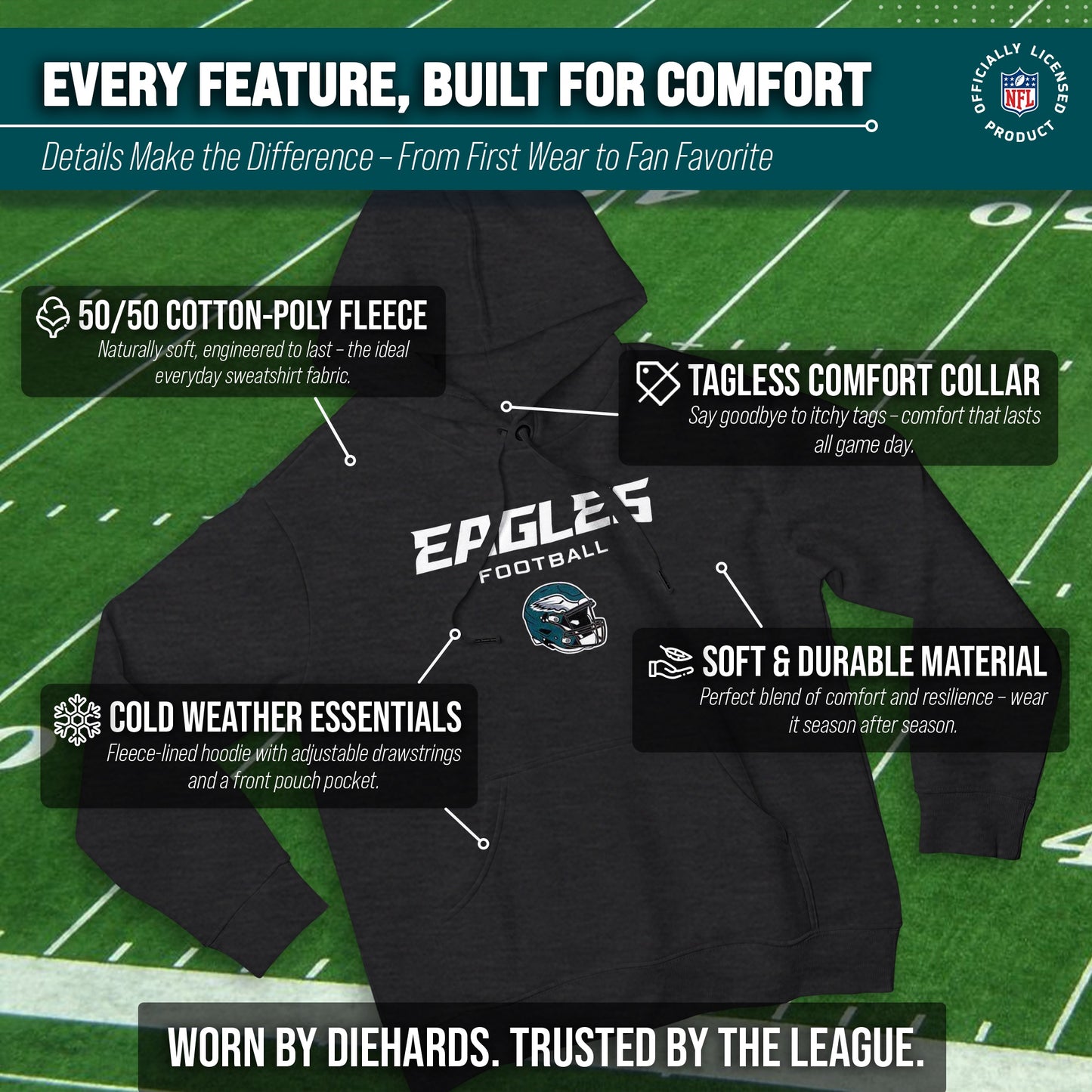 Philadelphia Eagles Adult NFL Football Helmet Heather Hooded Sweatshirt  - Charcoal