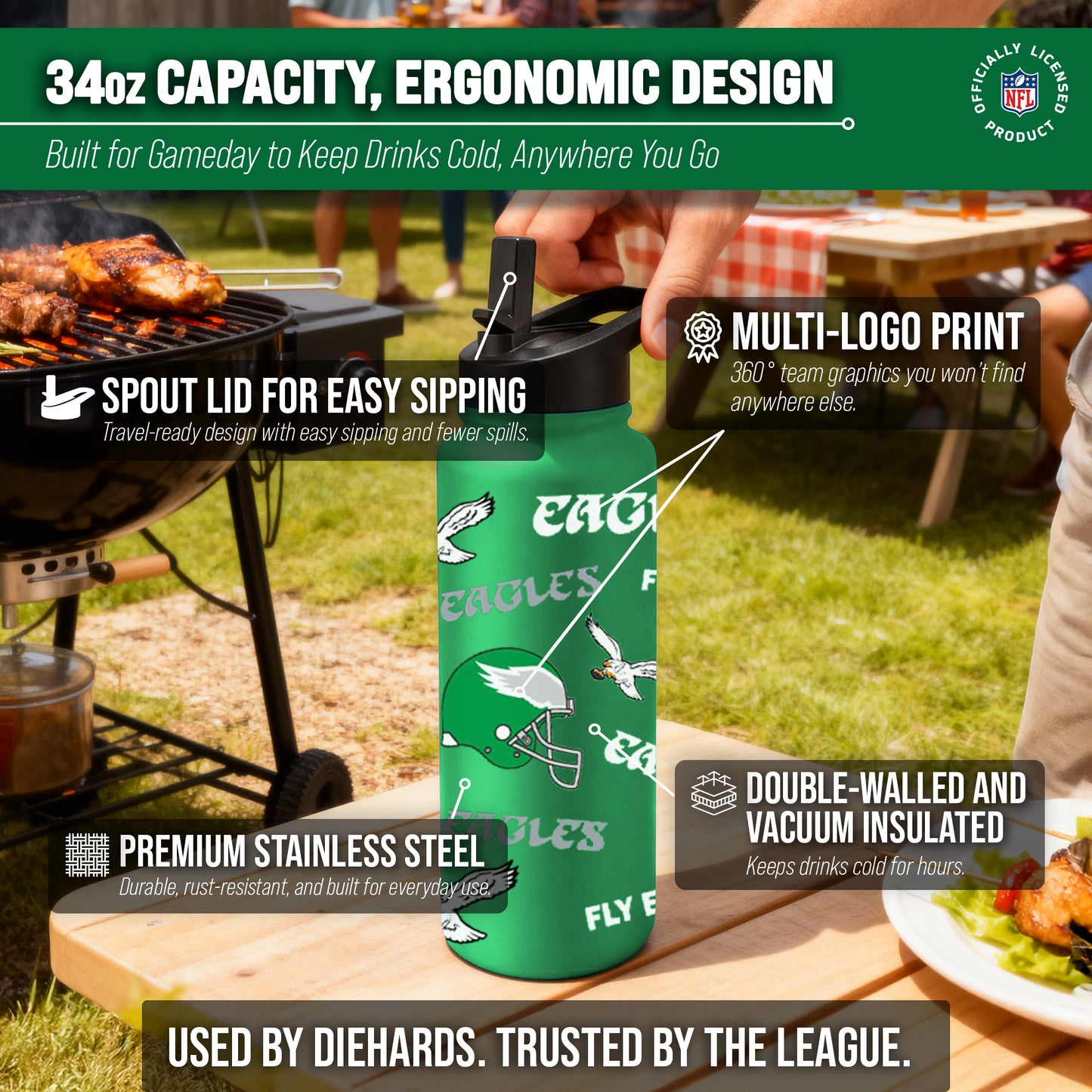 Philadelphia Eagles NFL 34oz Quencher Stainless Steel Insulated Water Bottle - Kelly Green