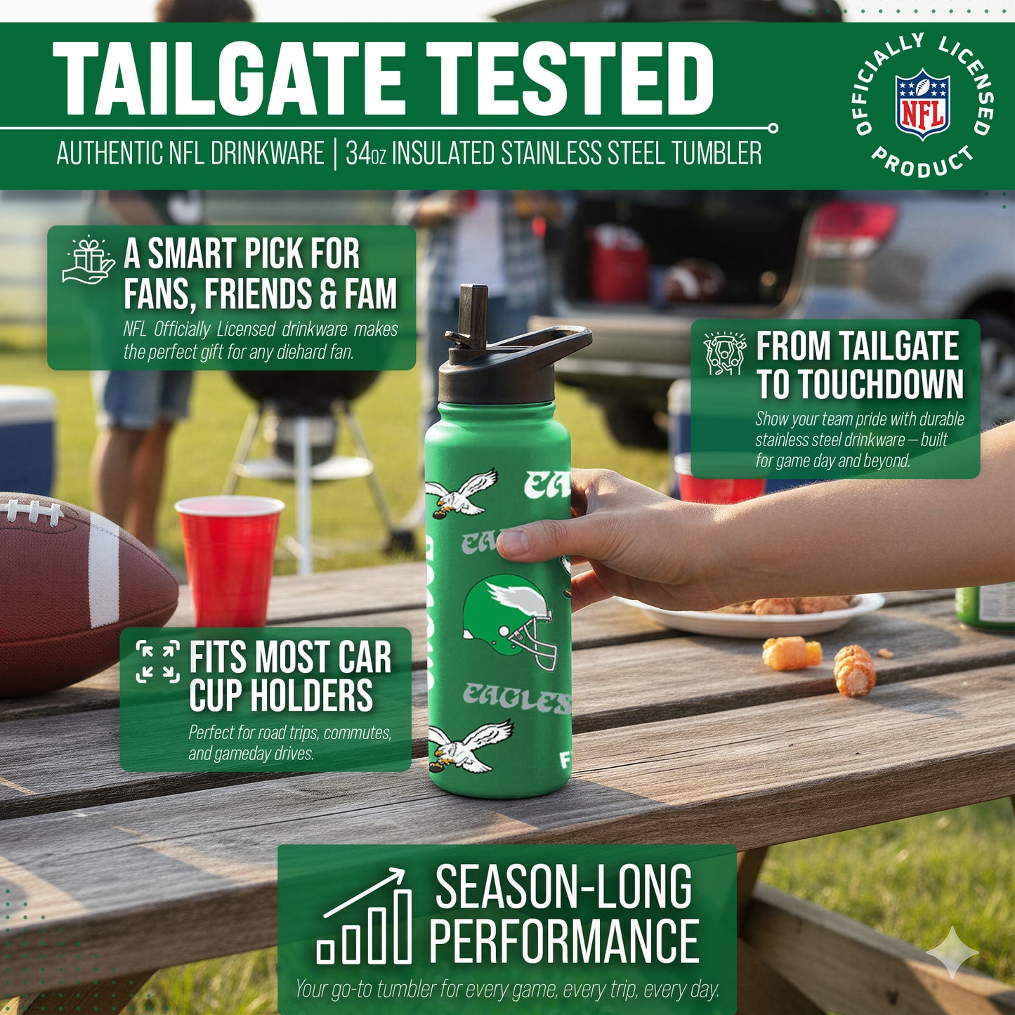 Philadelphia Eagles NFL 34oz Quencher Stainless Steel Insulated Water Bottle - Kelly Green