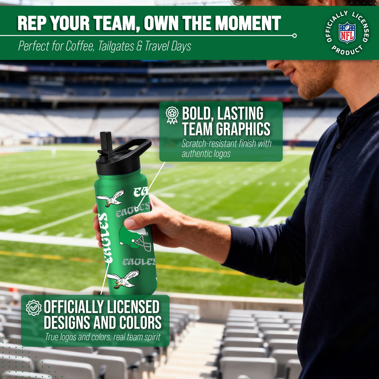 Philadelphia Eagles NFL 34oz Quencher Stainless Steel Insulated Water Bottle - Kelly Green