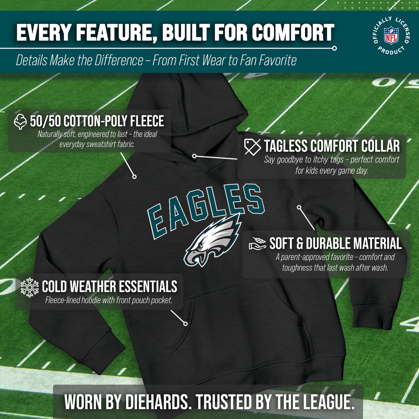 Philadelphia Eagles NFL Youth Home Team Hoodie- Kids Hooded Sweatshirt - Black