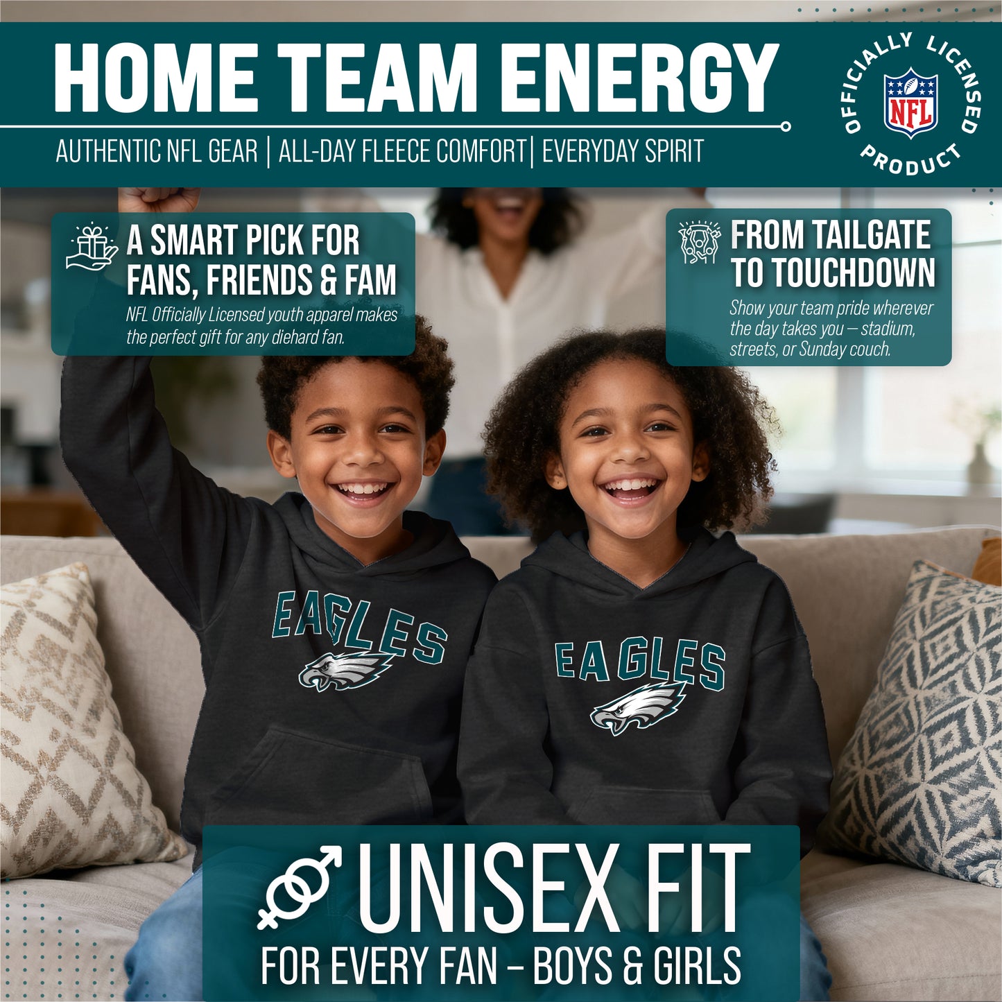 Philadelphia Eagles NFL Youth Home Team Hoodie- Kids Hooded Sweatshirt - Black