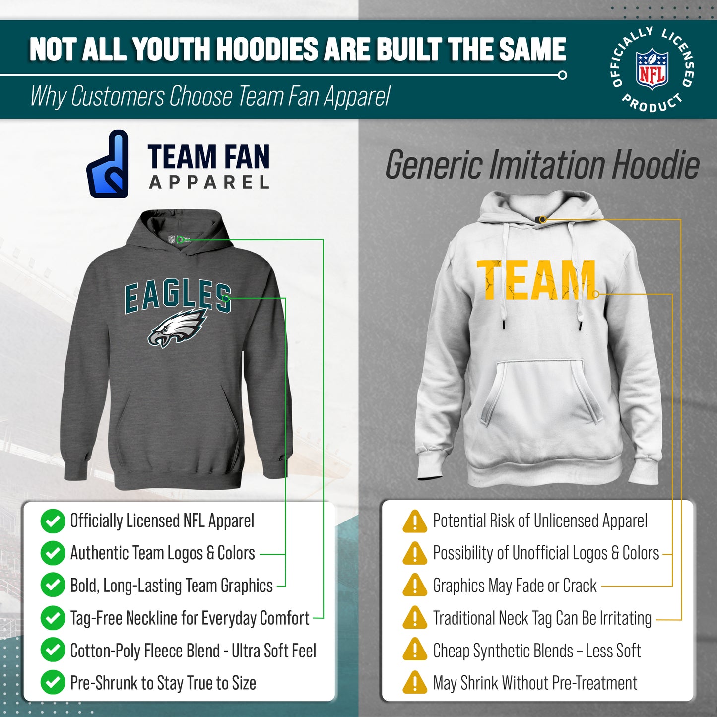 Philadelphia Eagles NFL Youth Home Team Hoodie- Kids Hooded Sweatshirt - Sport Gray