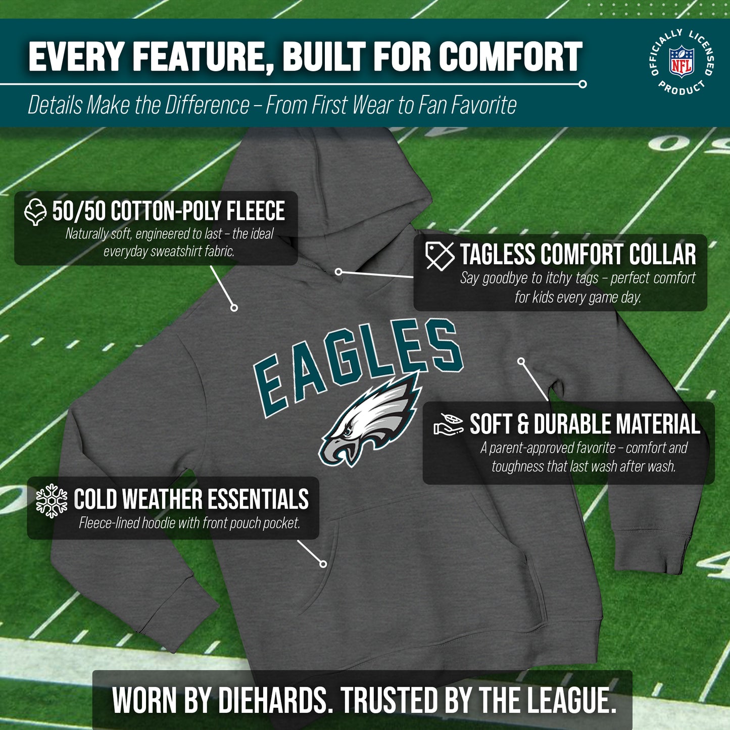 Philadelphia Eagles NFL Youth Home Team Hoodie- Kids Hooded Sweatshirt - Sport Gray