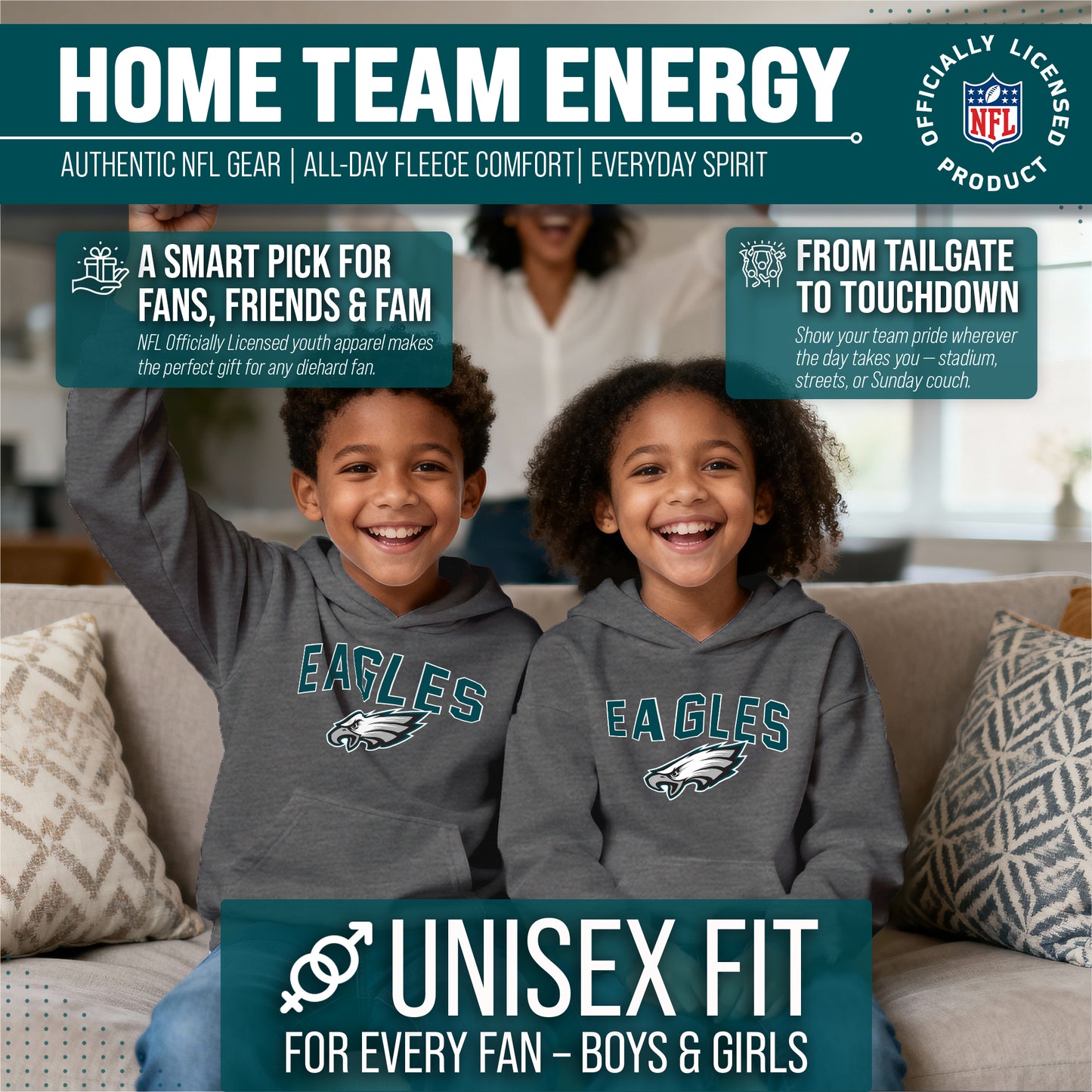 Philadelphia Eagles NFL Youth Home Team Hoodie- Kids Hooded Sweatshirt - Sport Gray
