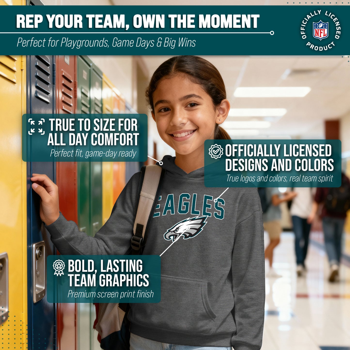 Philadelphia Eagles NFL Youth Home Team Hoodie- Kids Hooded Sweatshirt - Sport Gray