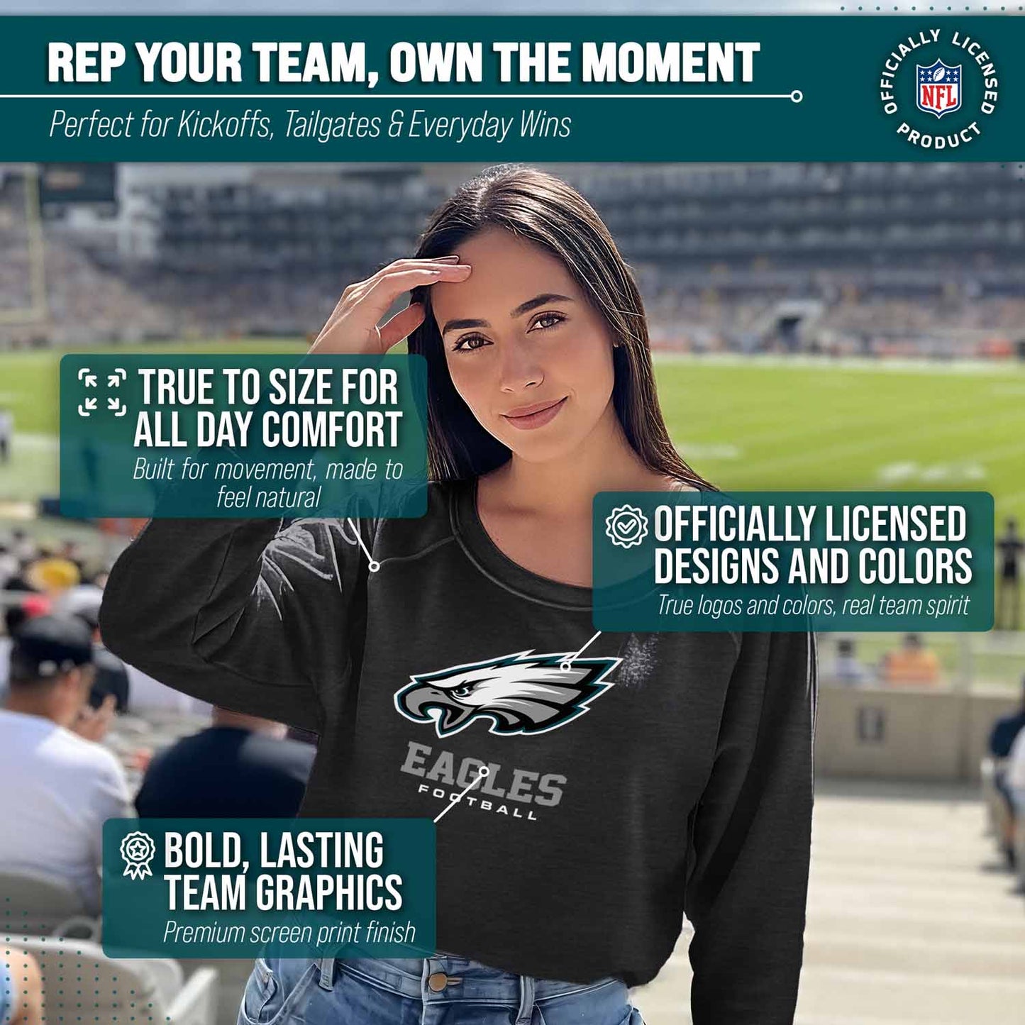 Philadelphia Eagles NFL Womens Ultimate Fan French Terry Slouchy Top- Raglan Sleeves - Charcoal