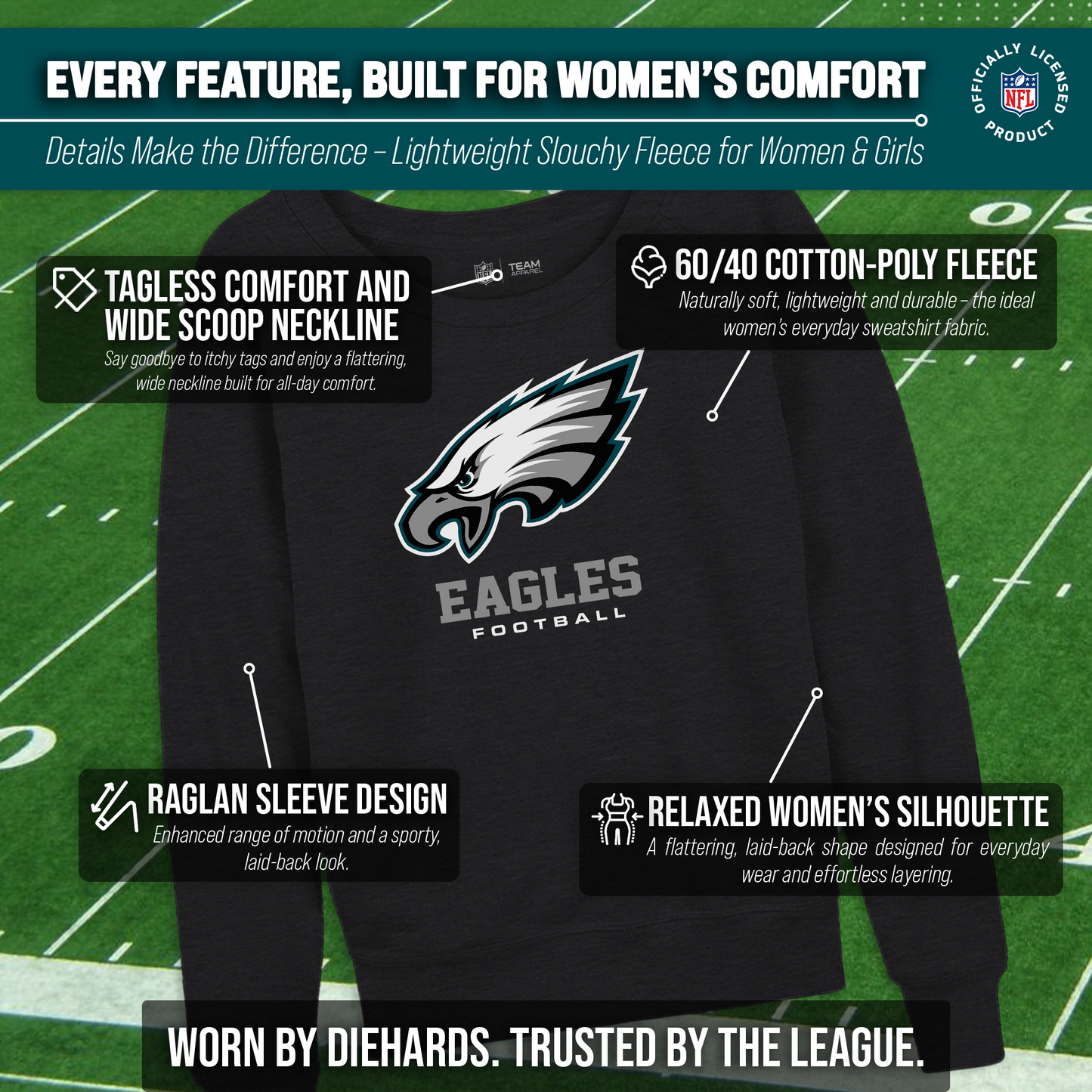 Philadelphia Eagles NFL Womens Ultimate Fan French Terry Slouchy Top- Raglan Sleeves - Charcoal