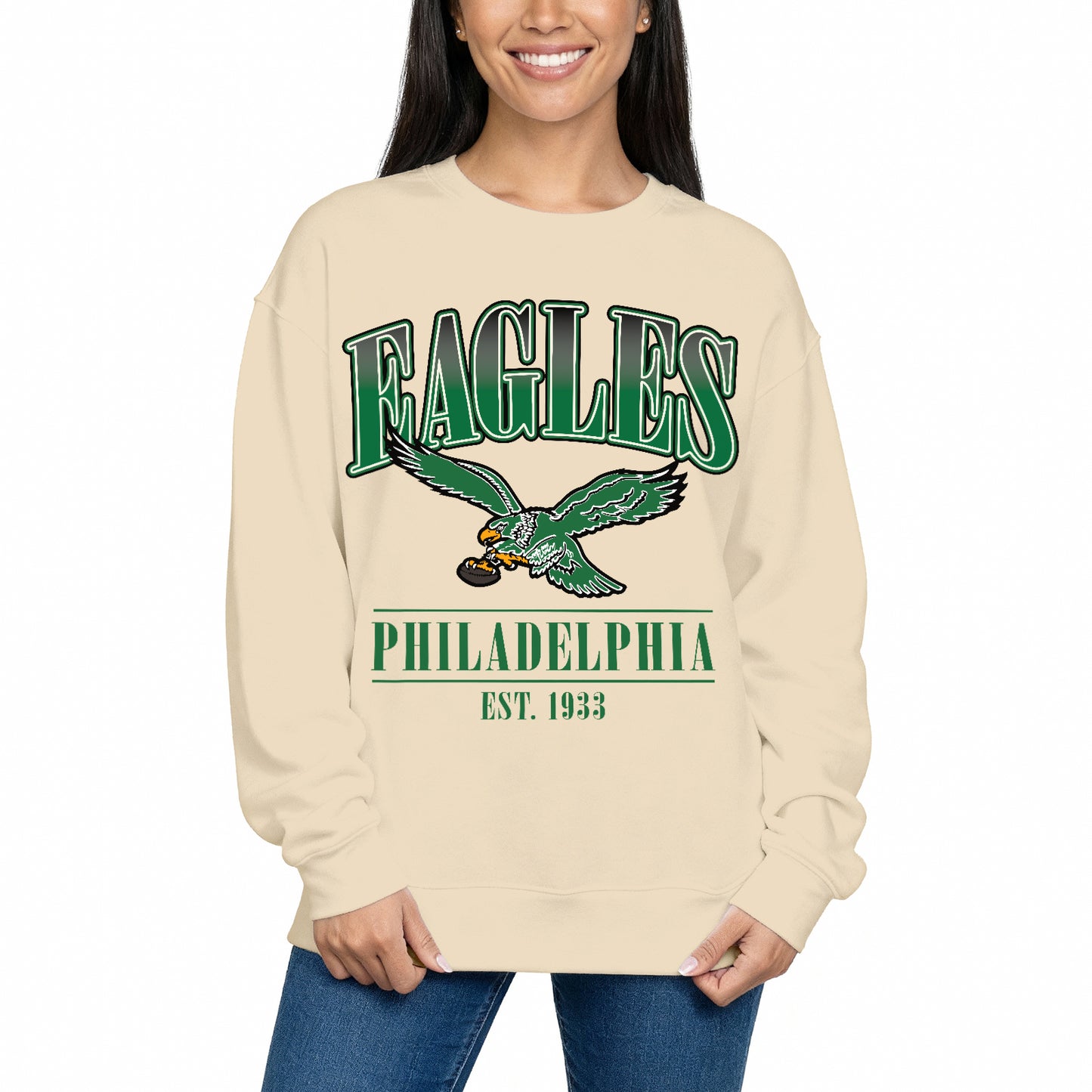 Philadelphia Eagles Womens NFL Starstruck Crewneck Pullover - Cream