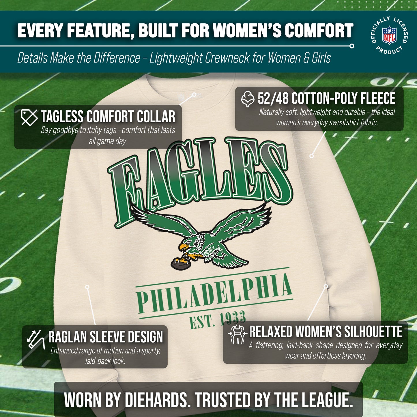 Philadelphia Eagles Womens NFL Starstruck Crewneck Pullover - Cream
