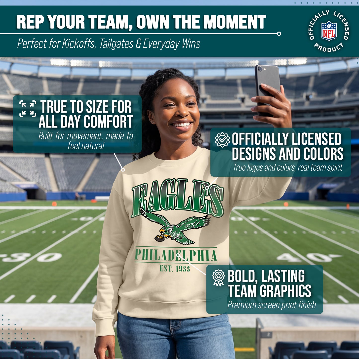 Philadelphia Eagles Womens NFL Starstruck Crewneck Pullover - Cream
