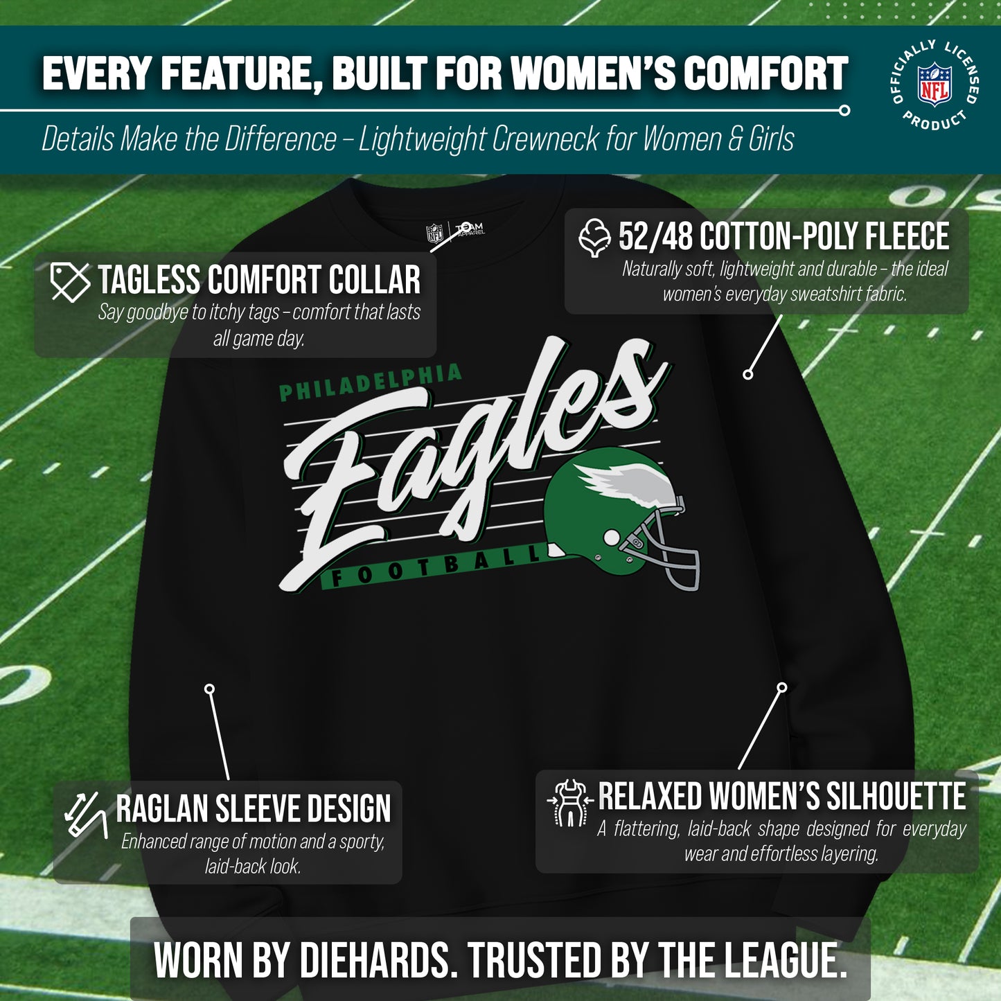 Philadelphia Eagles Womens NFL Scrimmage Line Crewneck Pullover - Black