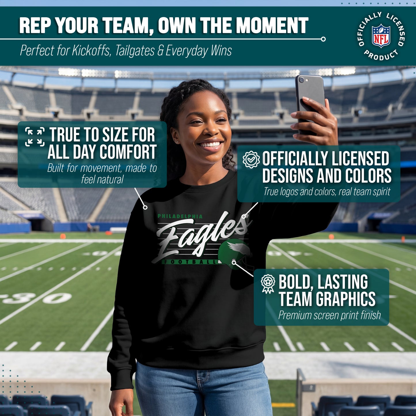 Philadelphia Eagles Womens NFL Scrimmage Line Crewneck Pullover - Black