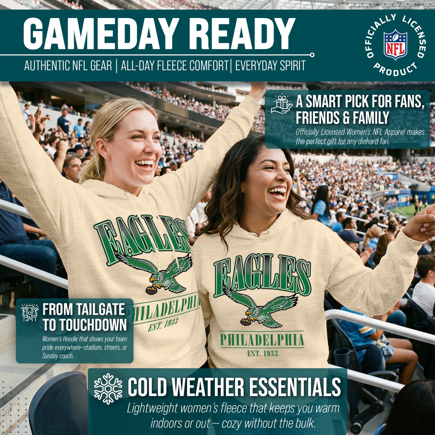 Philadelphia Eagles Team Fan Apparel NFL Women's  Starstruck Fleece Pullover Hoodie - Cream