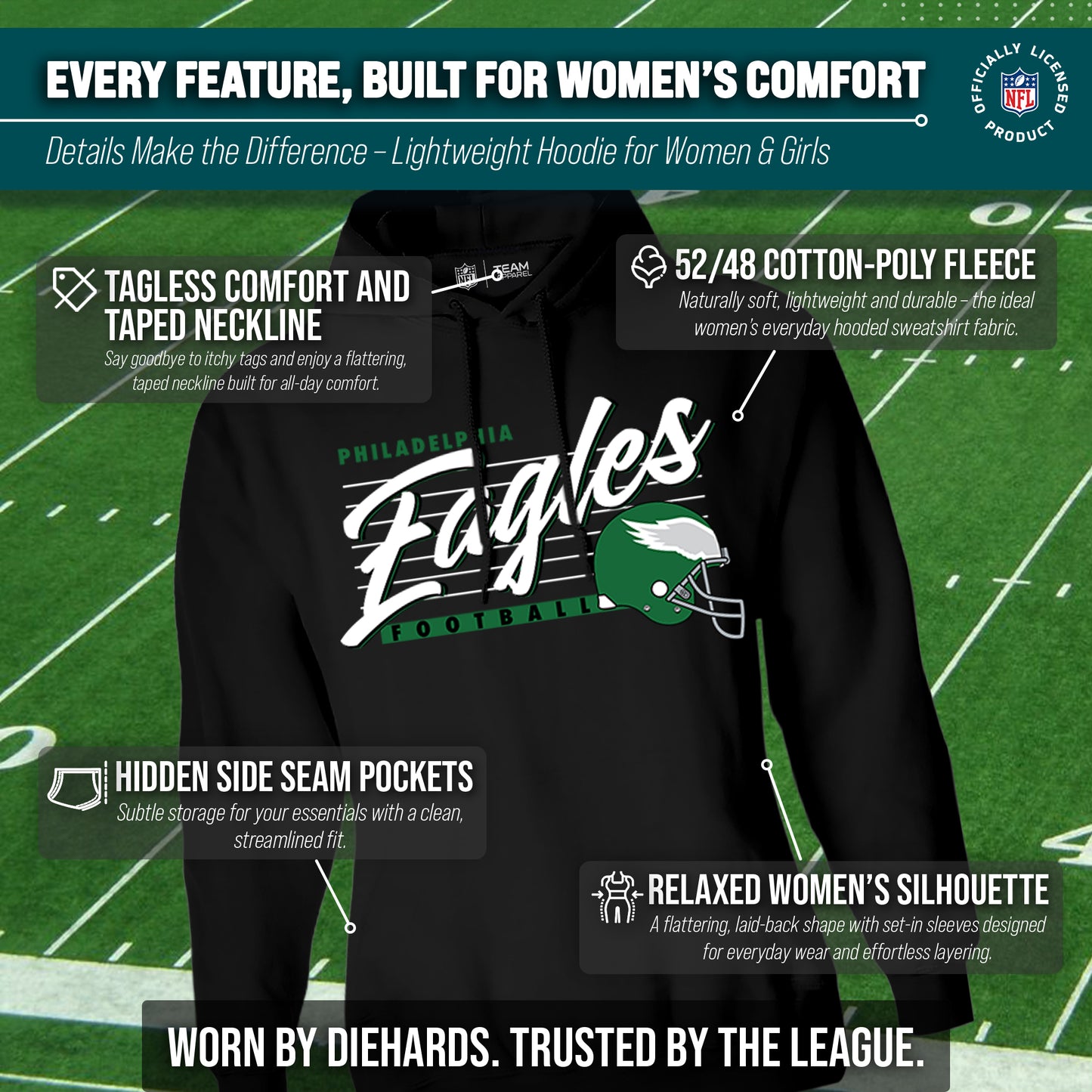 Philadelphia Eagles Ladies NFL Scrimmage Line Fleece Pullover Hooded Sweatshirt - Black