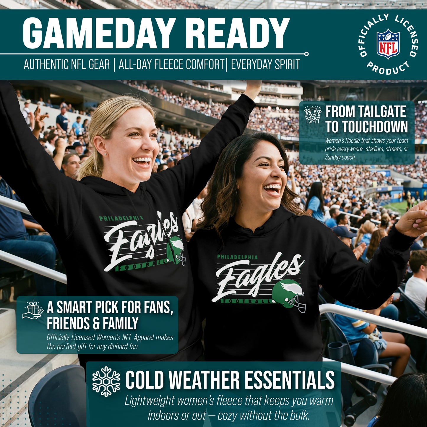 Philadelphia Eagles Ladies NFL Scrimmage Line Fleece Pullover Hooded Sweatshirt - Black