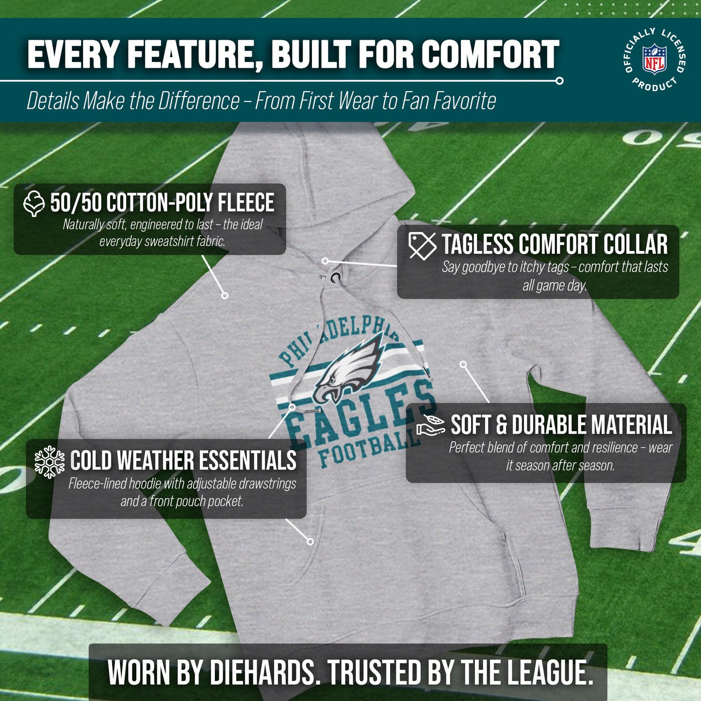 Philadelphia Eagles NFL Team Stripe Hooded Sweatshirt- Soft Pullover Sports Hoodie For Men & Women - Sport Gray