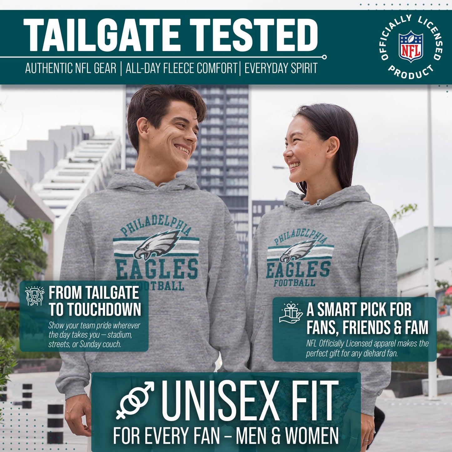 Philadelphia Eagles NFL Team Stripe Hooded Sweatshirt- Soft Pullover Sports Hoodie For Men & Women - Sport Gray