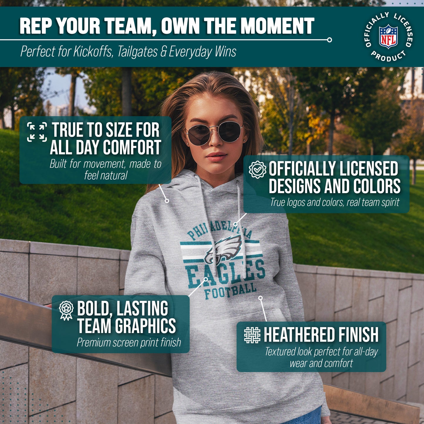 Philadelphia Eagles NFL Team Stripe Hooded Sweatshirt- Soft Pullover Sports Hoodie For Men & Women - Sport Gray