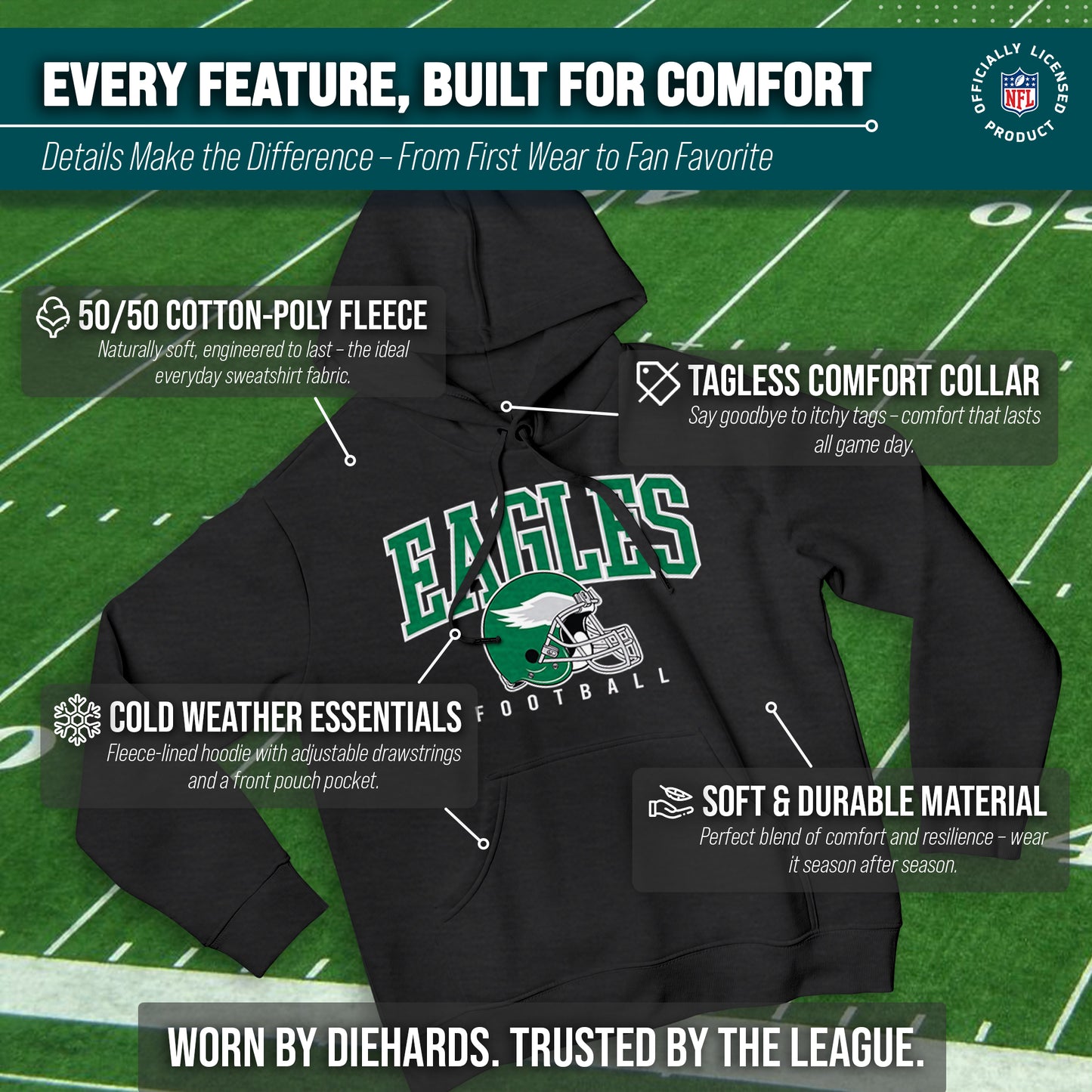 Philadelphia Eagles NFL Adult Unisex All Star Soft Fleece Hooded Sweatshirt - Black Heather