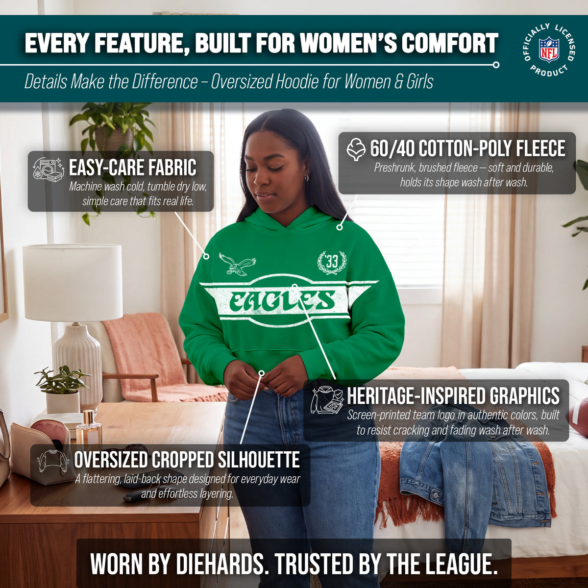 Philadelphia Eagles  NFL Women's Franchise Oversized Crop Hoodie Fleece - Kelly Green