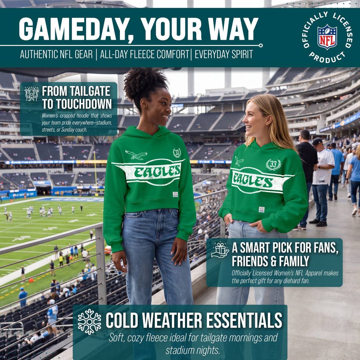 Philadelphia Eagles  NFL Women's Franchise Oversized Crop Hoodie Fleece - Kelly Green