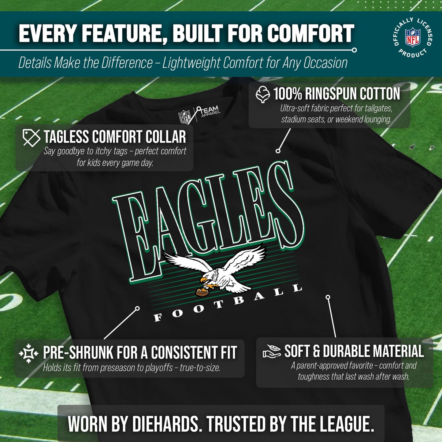 Philadelphia Eagles NFL Youth Overtime Blueprint Football T-Shirt Unisex Tag Free Comfortable - Black