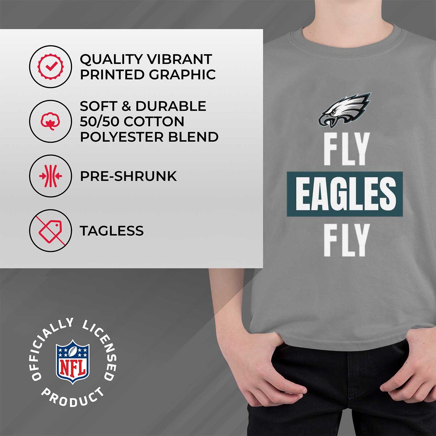 Philadelphia Eagles NFL Youth Team Slogan Short Sleeve Lightweight T Shirt - Gray