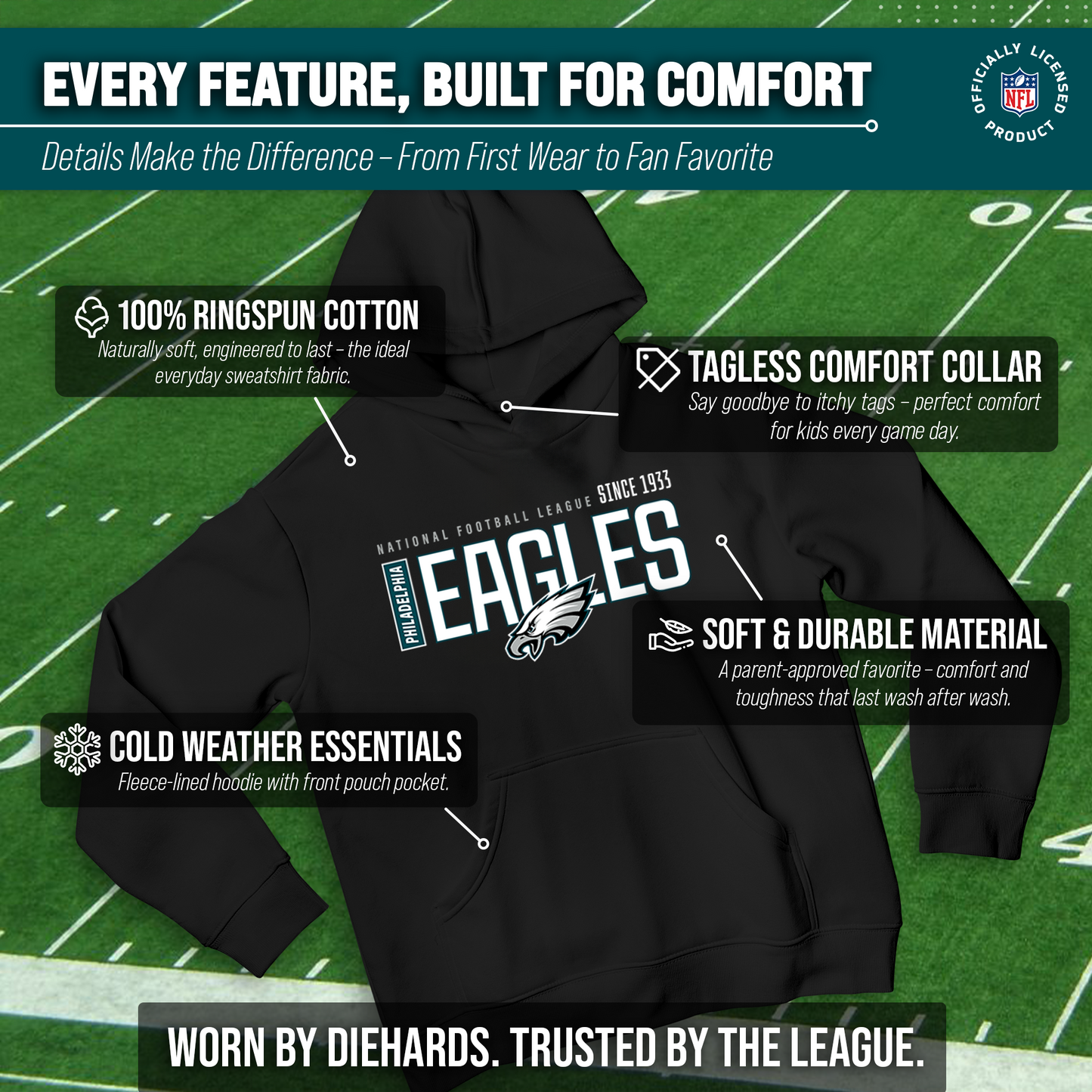 Philadelphia Eagles NFL Youth Modern Endzone Football Fleece Hooded Sweatshirt - Black