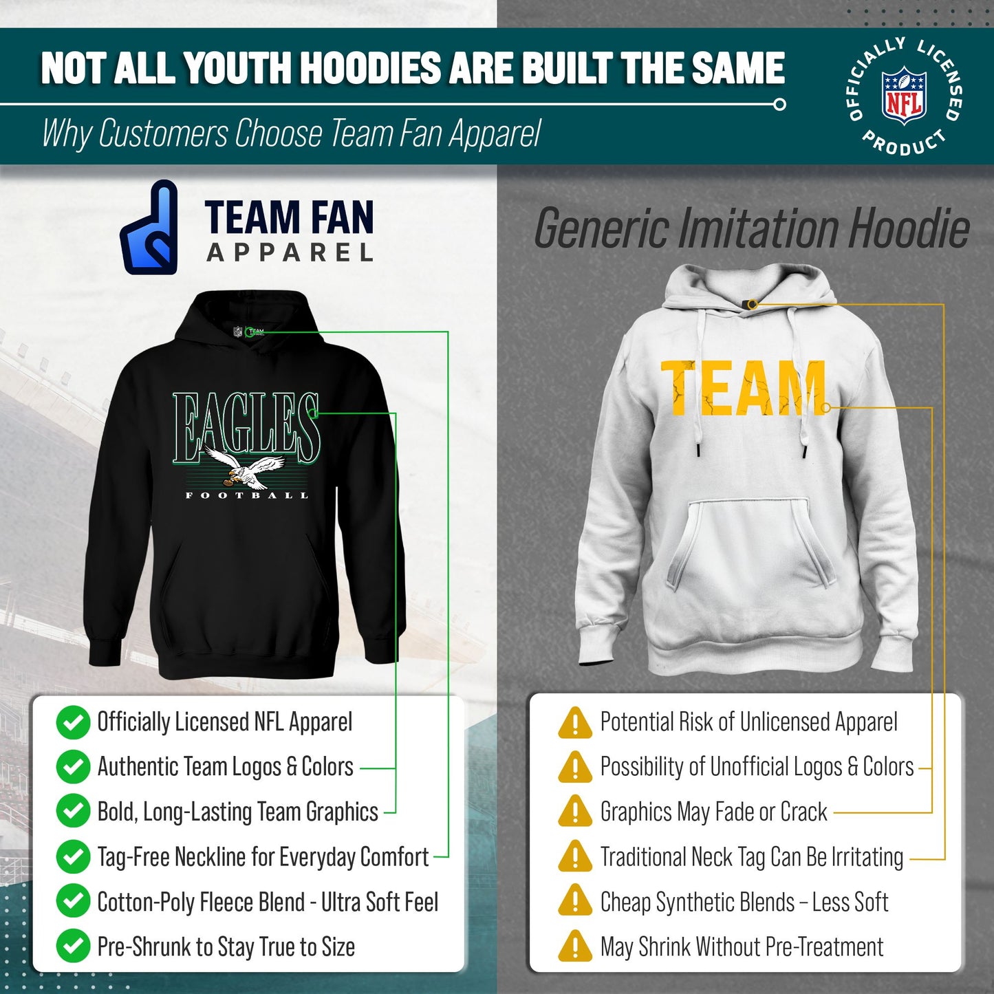 Philadelphia Eagles NFL Youth Overtime Blueprint Football Fleece Hooded Sweatshirt - Black