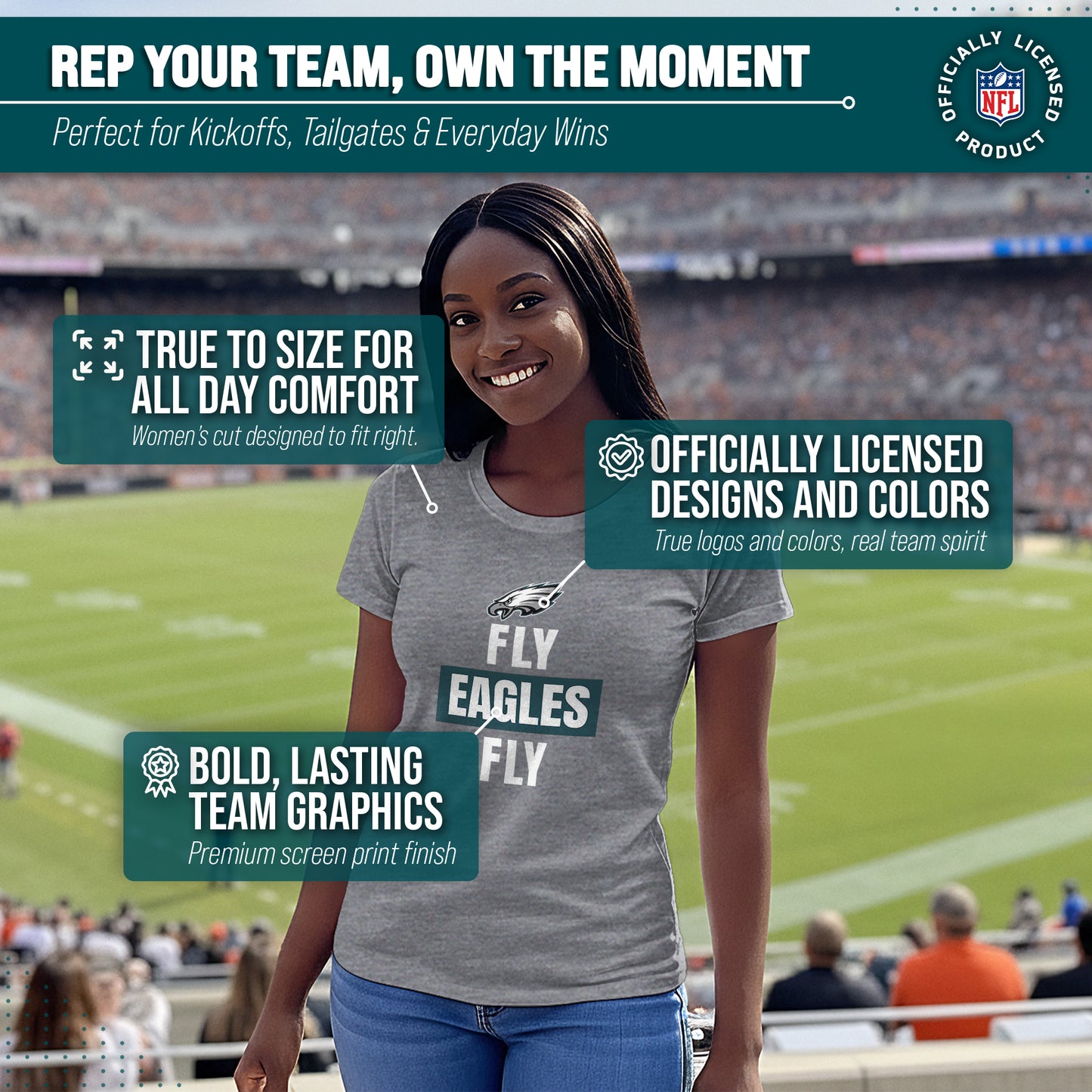 Philadelphia Eagles NFL Womens Team Slogan Short Sleeve Tshirt - Sport Gray