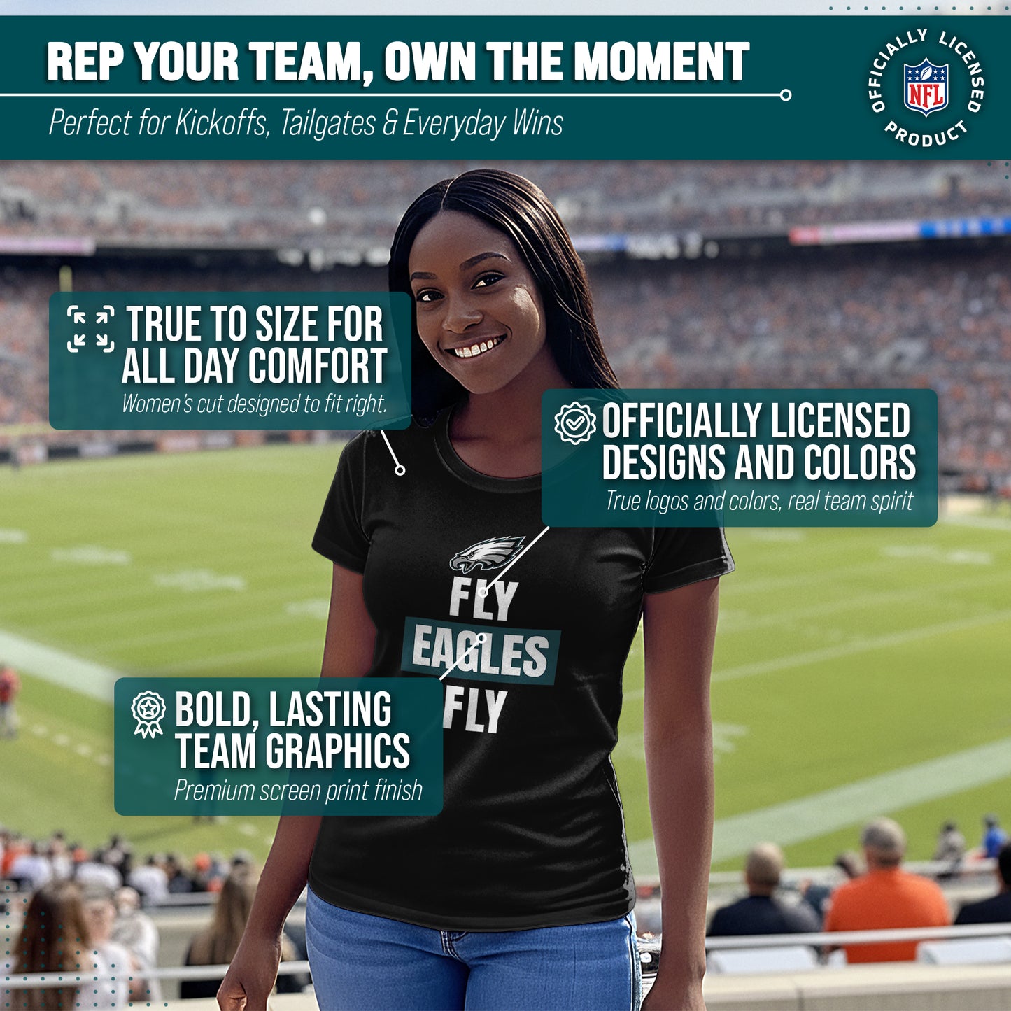 Philadelphia Eagles NFL Womens Team Slogan Short Sleeve Tshirt - Black