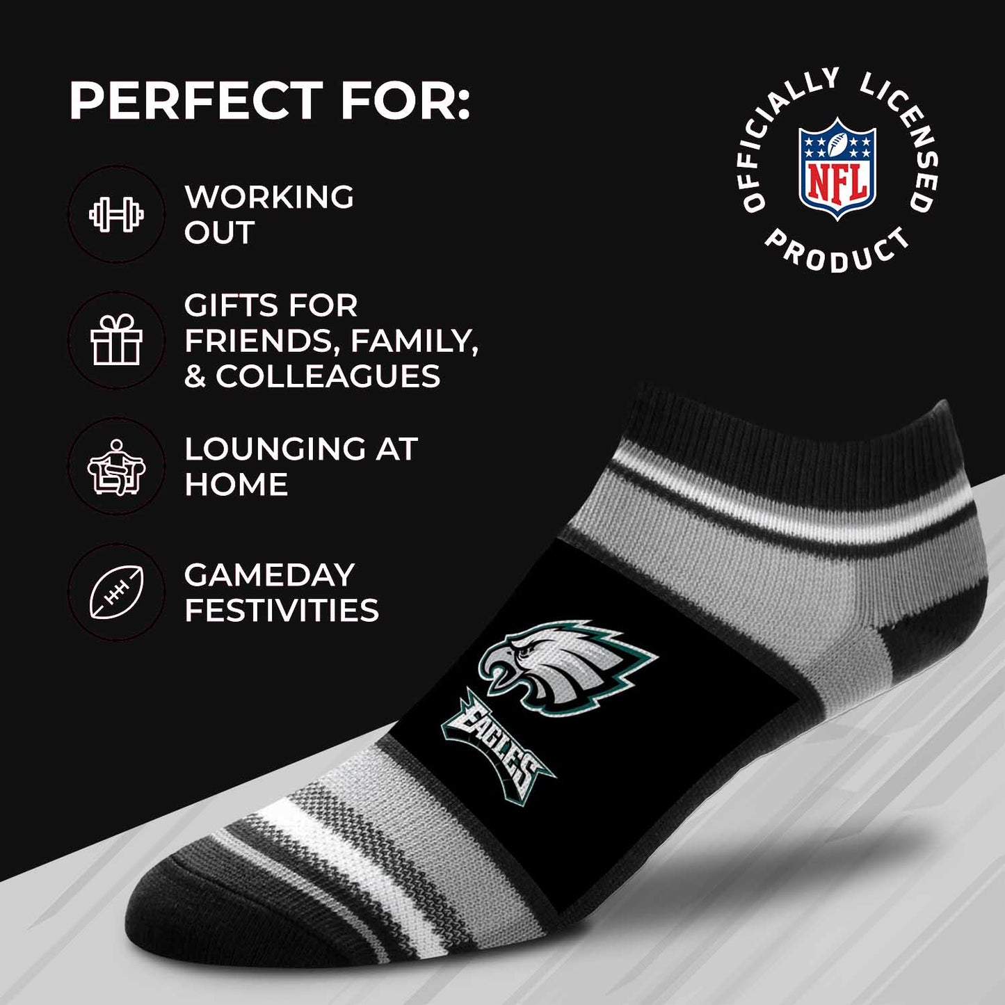 Philadelphia Eagles Adult Marquis Addition No Show Socks - Black