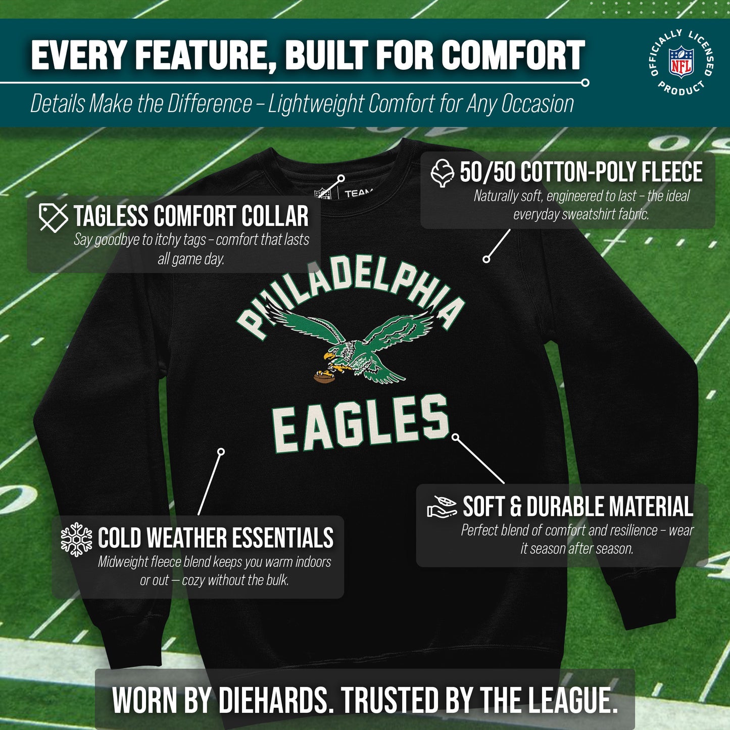 Philadelphia Eagles NFL Adult Unisex Retro Gameday Ultra Soft Fleece Crewneck Sweatshirt - Black
