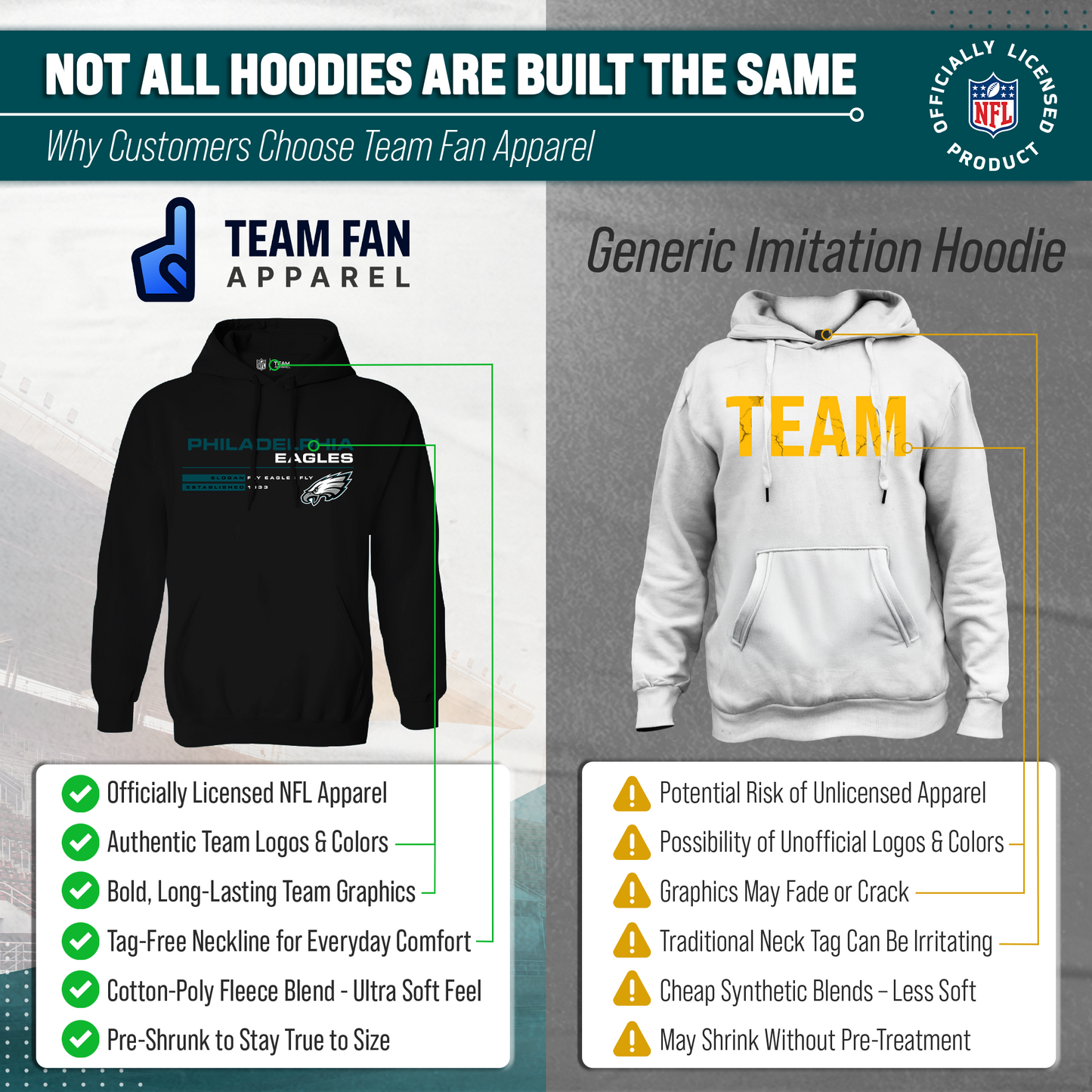 Philadelphia Eagles Adult NFL Speed Stat Sheet Fleece Hooded Sweatshirt - Black