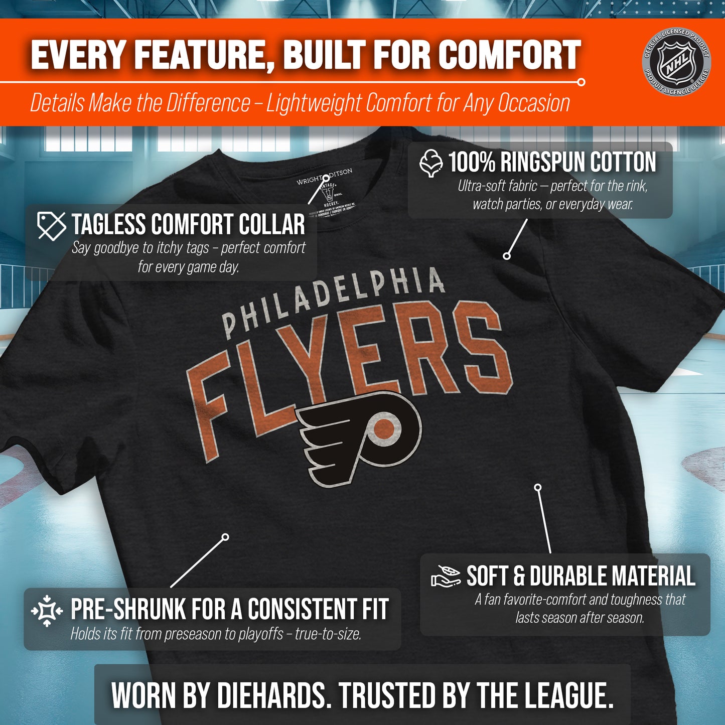 Philadelphia Flyers NHL Adult Powerplay Heathered Unisex T-Shirt - Black Heather