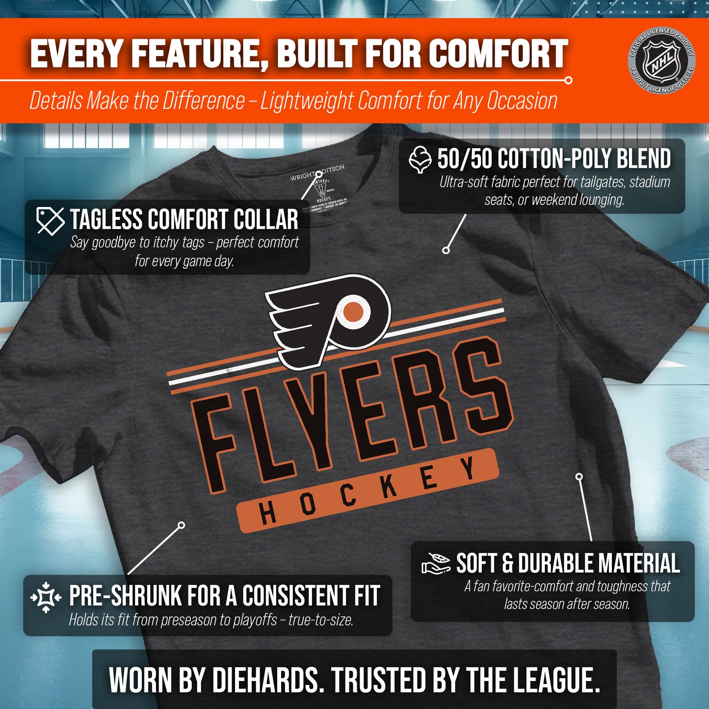 Philadelphia Flyers Adult NHL Heather Charcoal True Fan Hockey T-Shirt - Charcoal